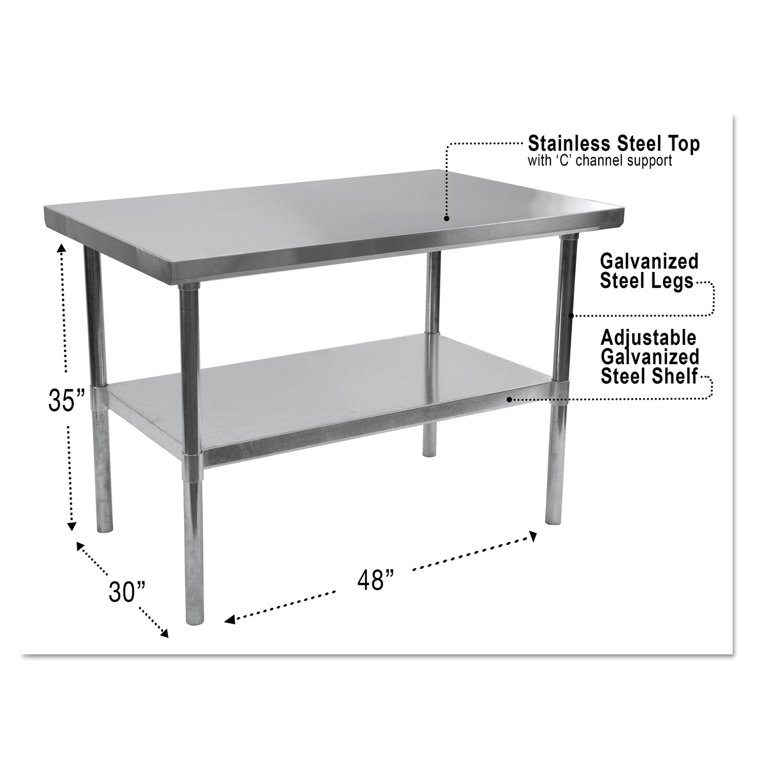  Alera ALEXS4830 NSF Approved Stainless Steel Foodservice Prep Table, 48 x 30 x 35h, Silver (ALEXS4830) 