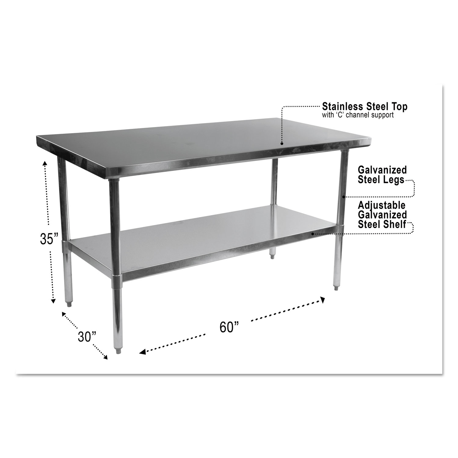  Alera ALEXS6030 NSF Approved Stainless Steel Foodservice Prep Table, 60 x 30 x 35, Silver (ALEXS6030) 
