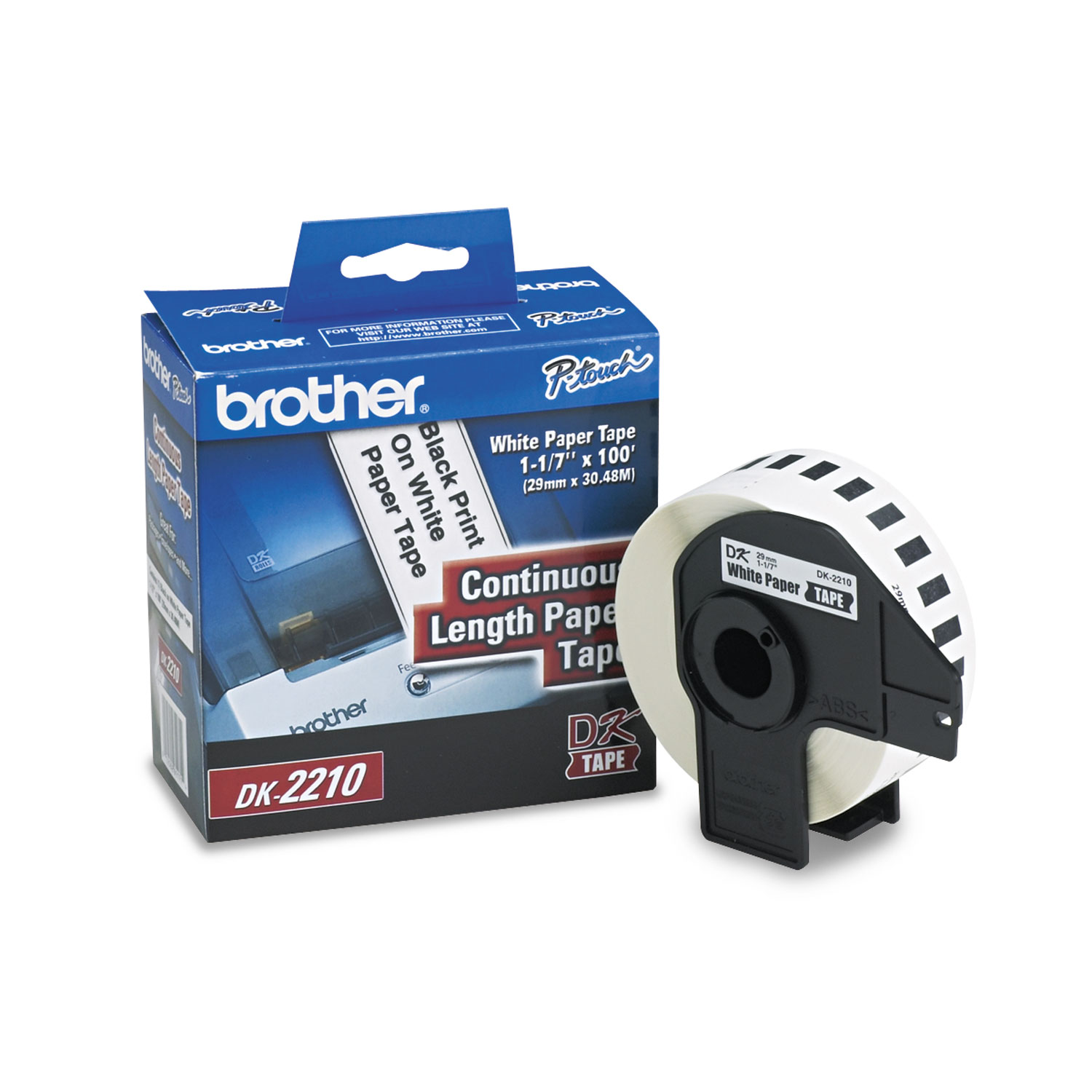  Brother DK2210 Continuous Paper Label Tape, 1.1 x 100 ft Roll, White (BRTDK2210) 