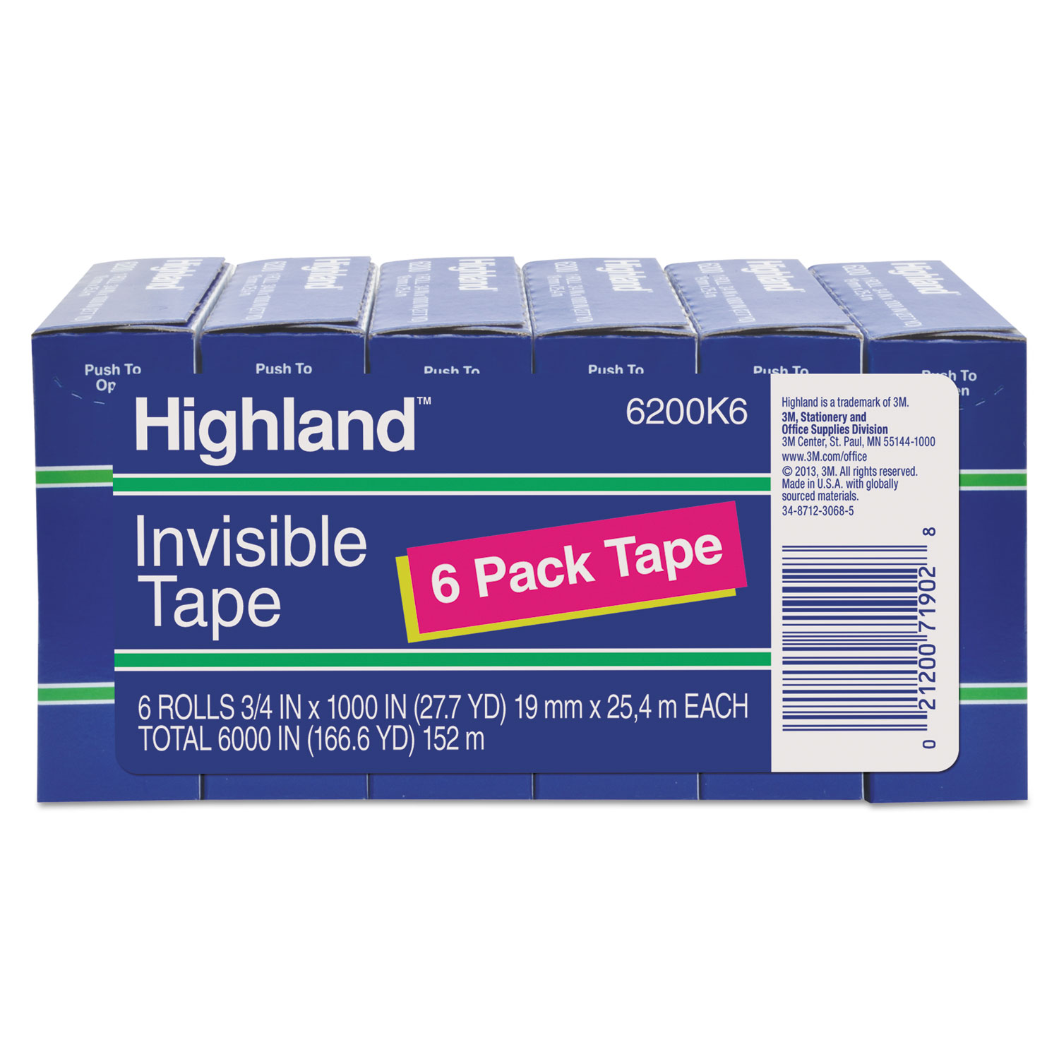  Highland 6200K6 Invisible Permanent Mending Tape, 1 Core, 0.75 x 83.33 ft, Clear, 6/Pack (MMM6200K6) 