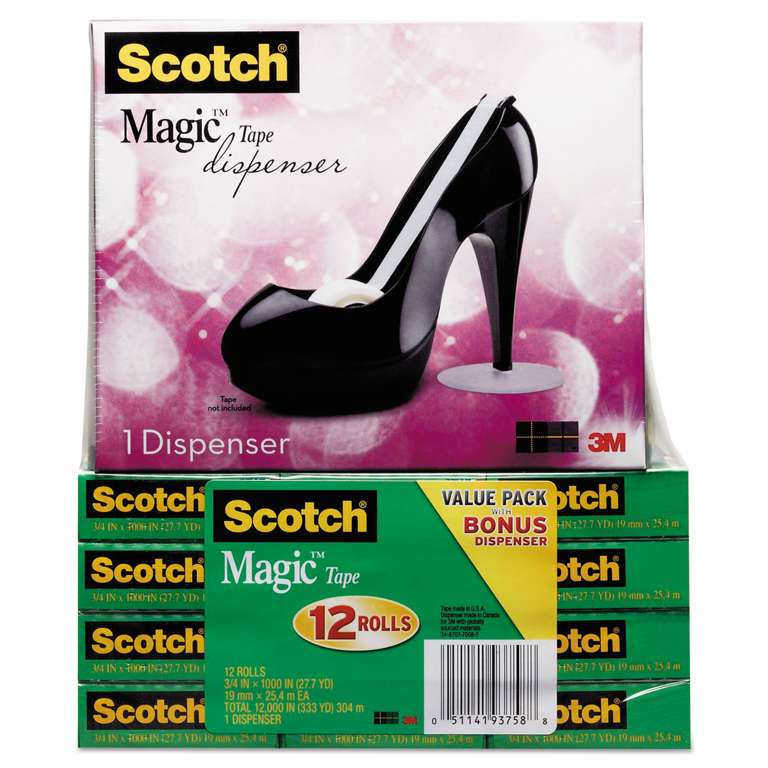Magic Tape Designer Dispenser Value Pack, High-Heel Shoe, 3/4x1000, 12 Roll/PK