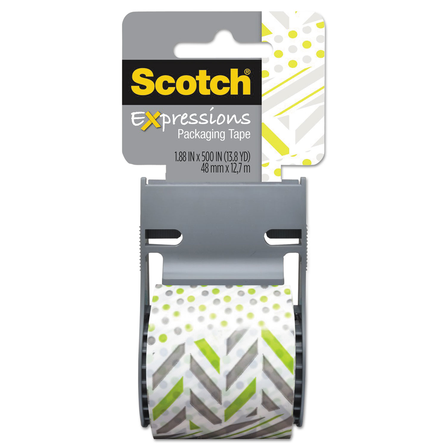 Expressions Packaging Tape, 1.88 x 500, Green/Gray/White Dots & Stripes