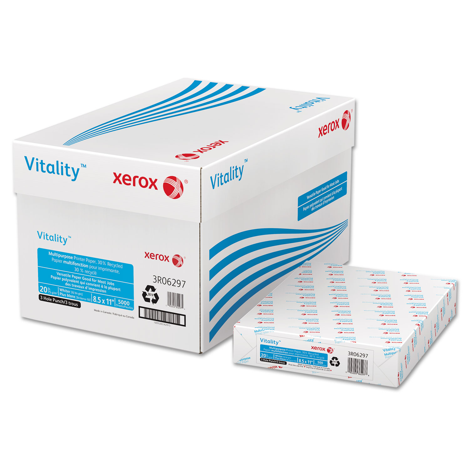  xerox 3R06297 Vitality 30% Recycled Print Paper, 92 Bright, 3-Hole, 20lb, 8.5 x 11, White, 500/Ream (XER3R06297) 