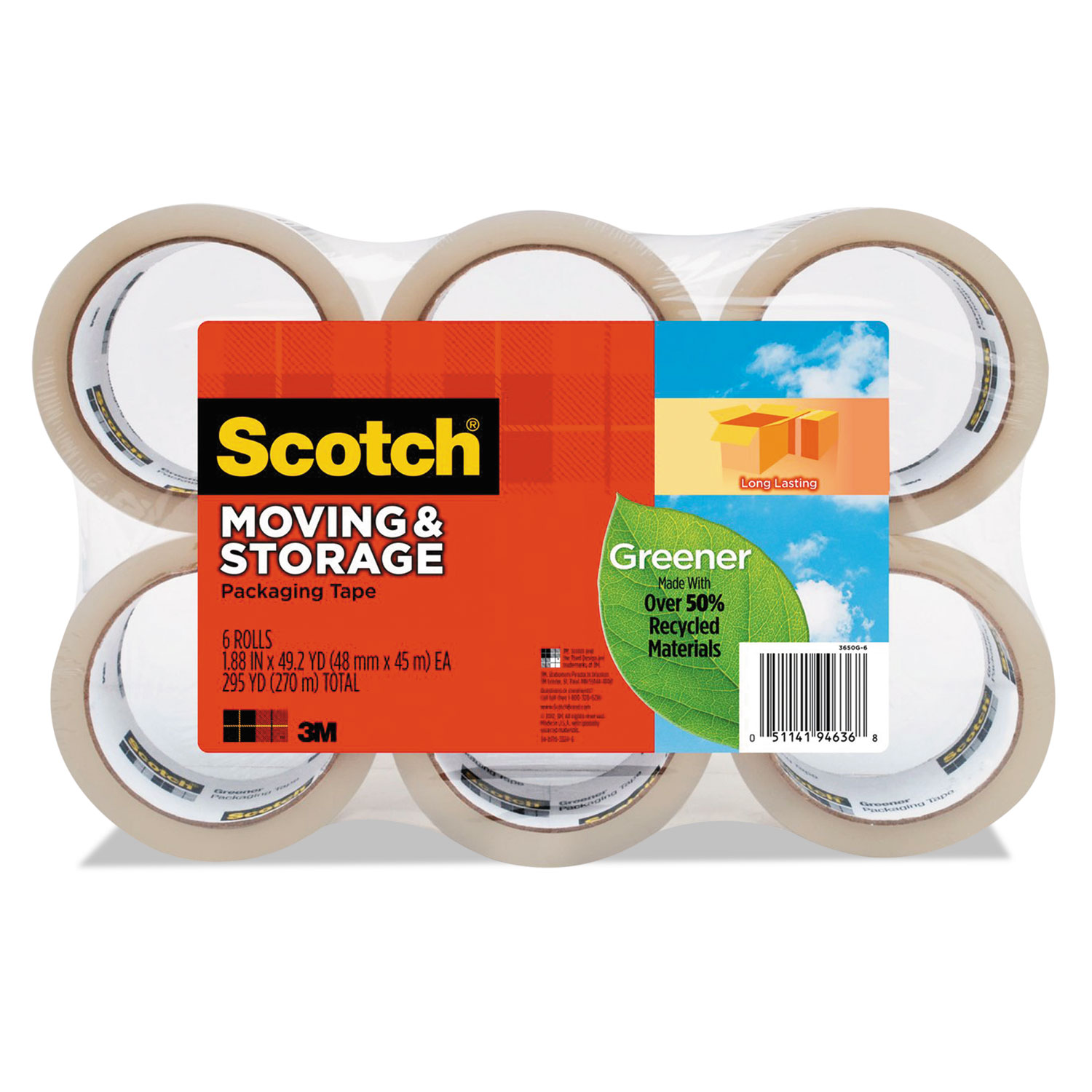 Moving & Storage Tape, 1.88 x 49.2yds, 3 Core, Clear, 6/Pack