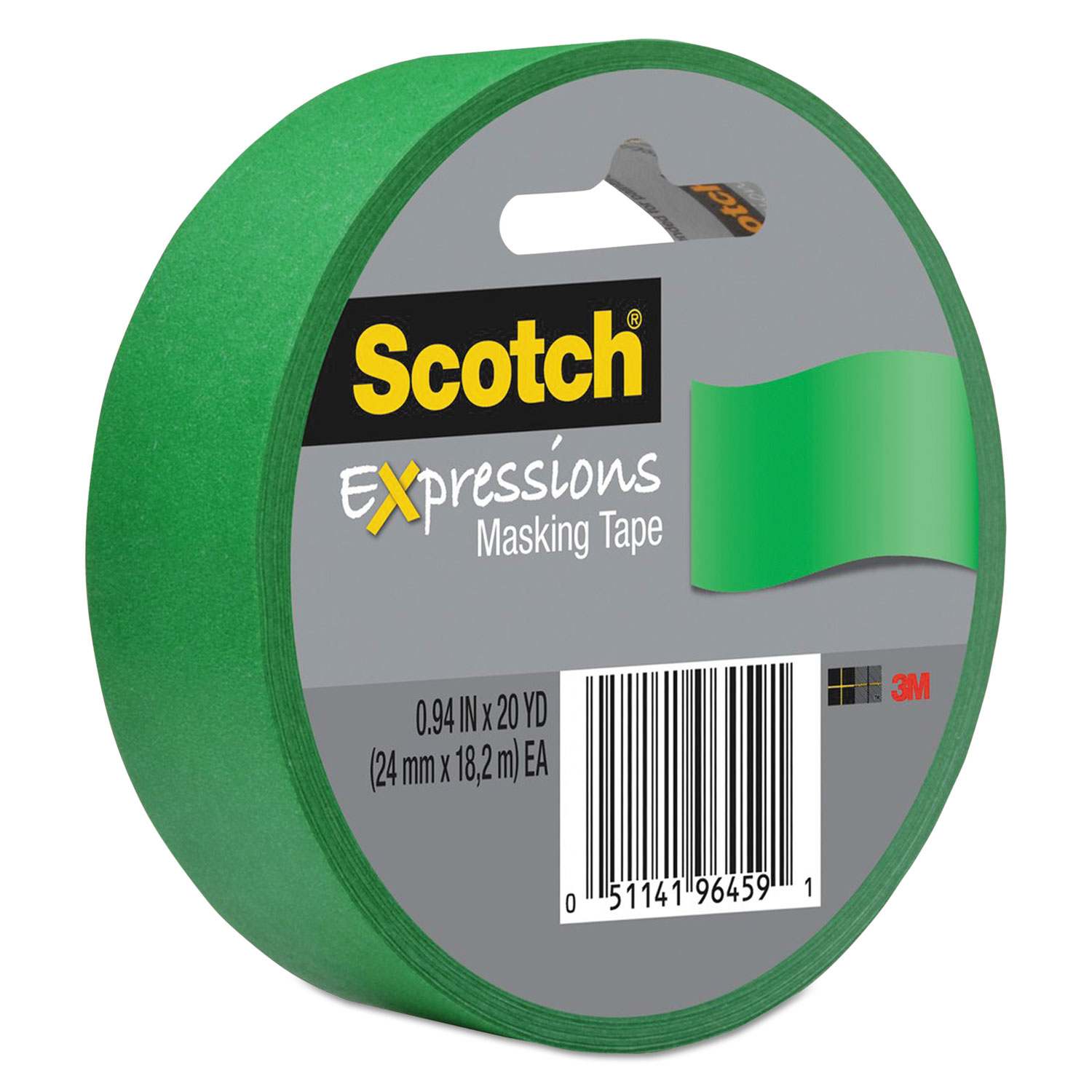  Scotch 3437-PGR Expressions Masking Tape, 3 Core, 0.94 x 20 yds, Primary Green (MMM3437PGR) 