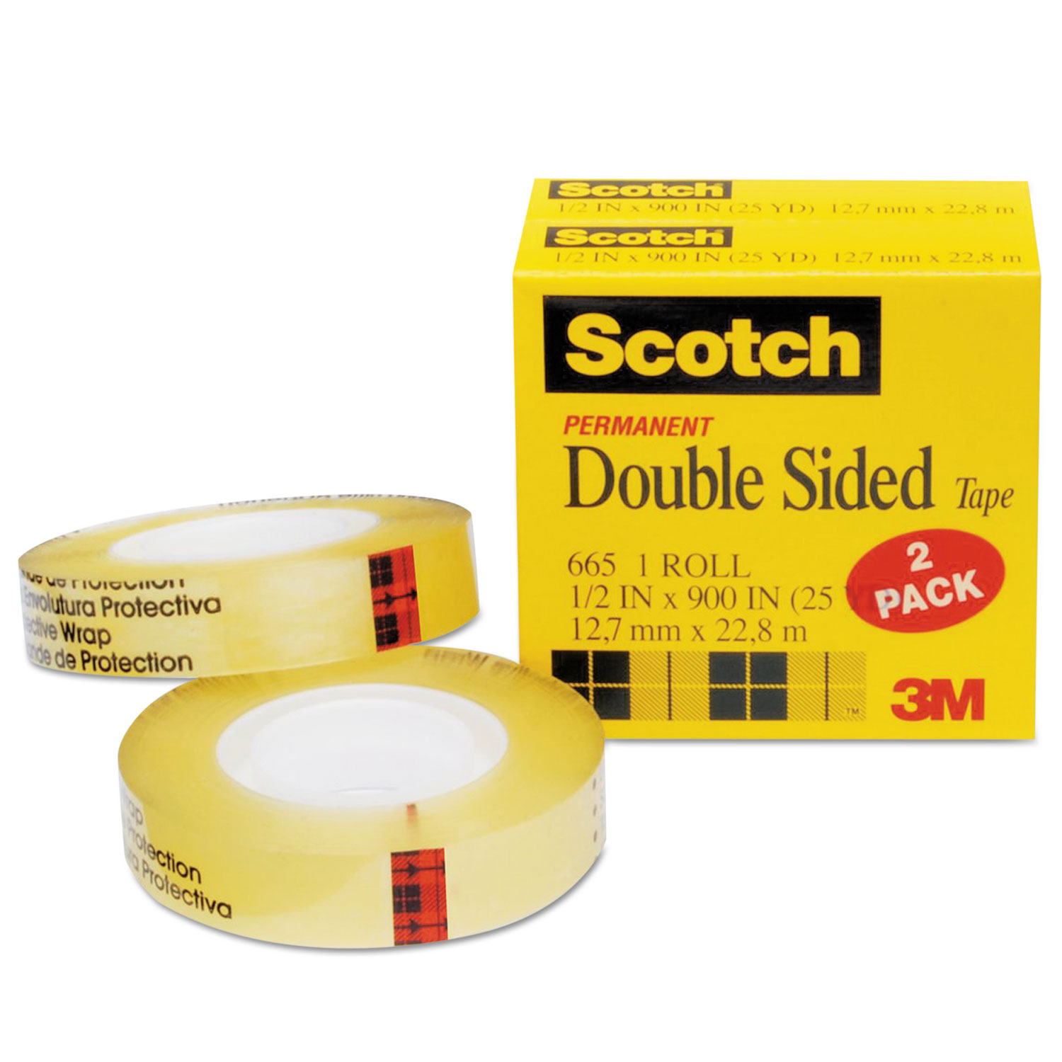  Scotch 665-2PK Double-Sided Tape, 1 Core, 0.5 x 75 ft, Clear, 2/Pack (MMM6652PK) 