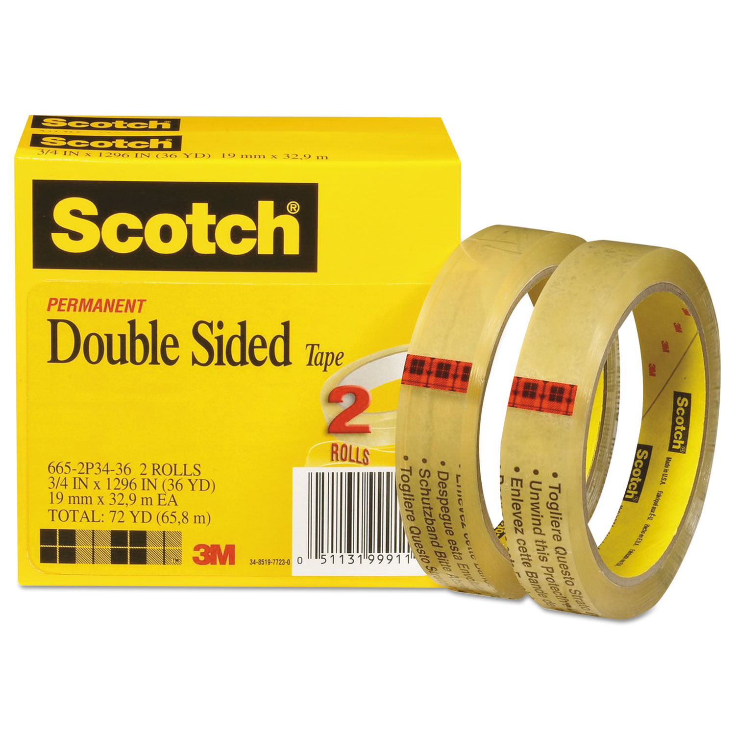  Scotch 665-2P34-36 Double-Sided Tape, 3 Core, 0.75 x 36 yds, Clear, 2/Pack (MMM6652P3436) 