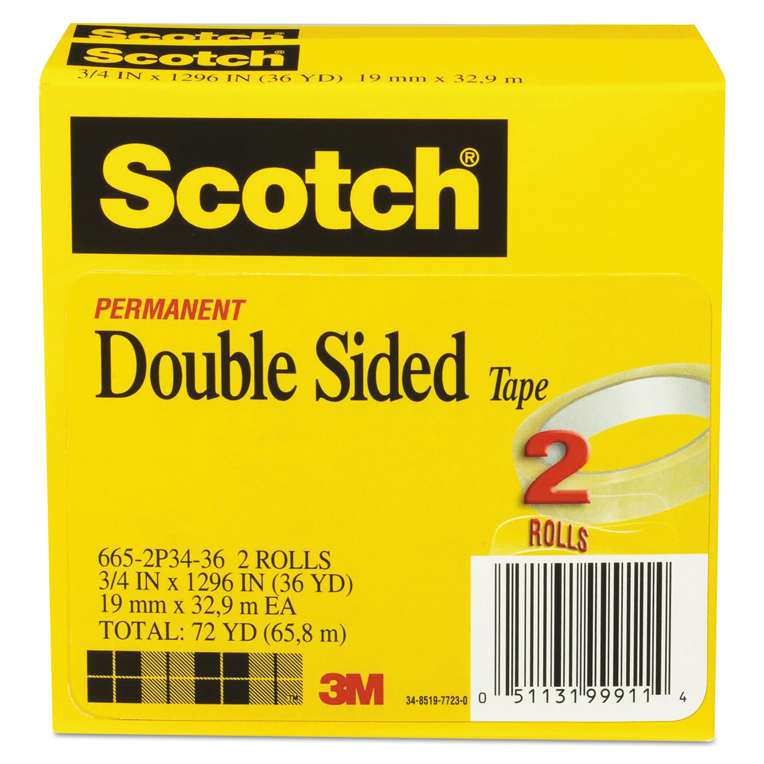 Double-Sided Tape, 3 Core, 0.75 x 36 yds, Clear, 2/Pack