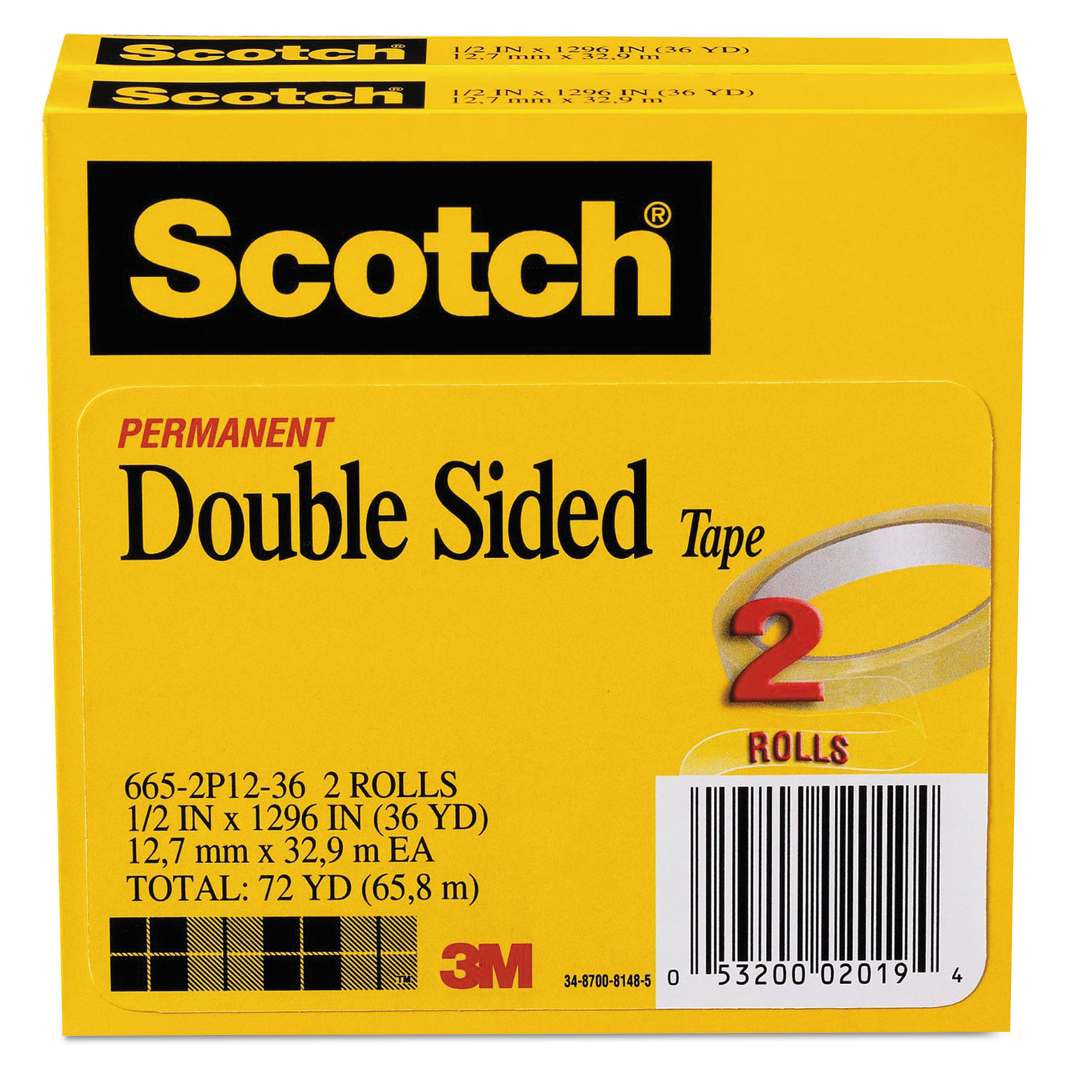  Scotch 665-2P12-36 Double-Sided Tape, 3 Core, 0.5 x 36 yds, Clear, 2/Pack (MMM6652P1236) 
