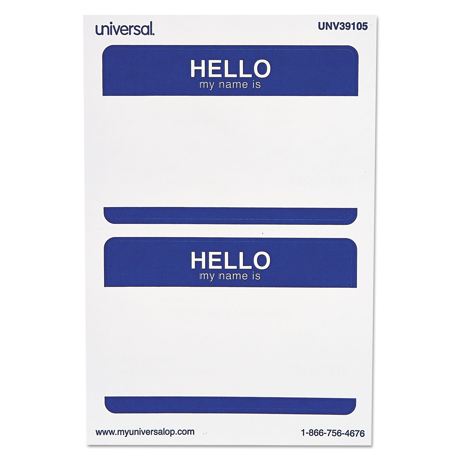 Hello Self-Adhesive Name Badges, 3 1/2 x 2 1/4, White/Blue, 100/Pack