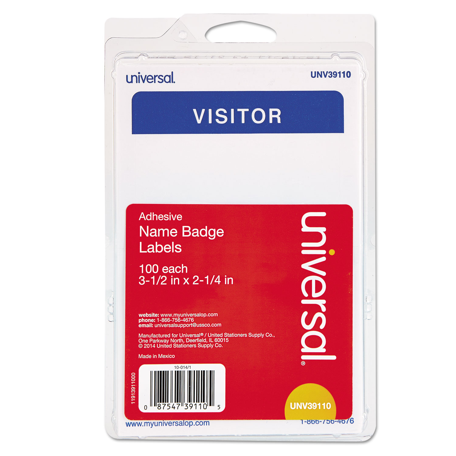 "Visitor" Self-Adhesive Name Badges, 3 1/2 x 2 1/4, White/Blue, 100/Pack