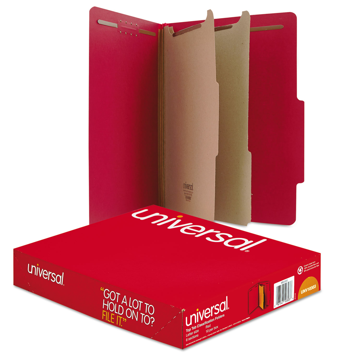  Universal UNV10303 Bright Colored Pressboard Classification Folders, 2 Dividers, Letter Size, Ruby Red, 10/Box (UNV10303) 
