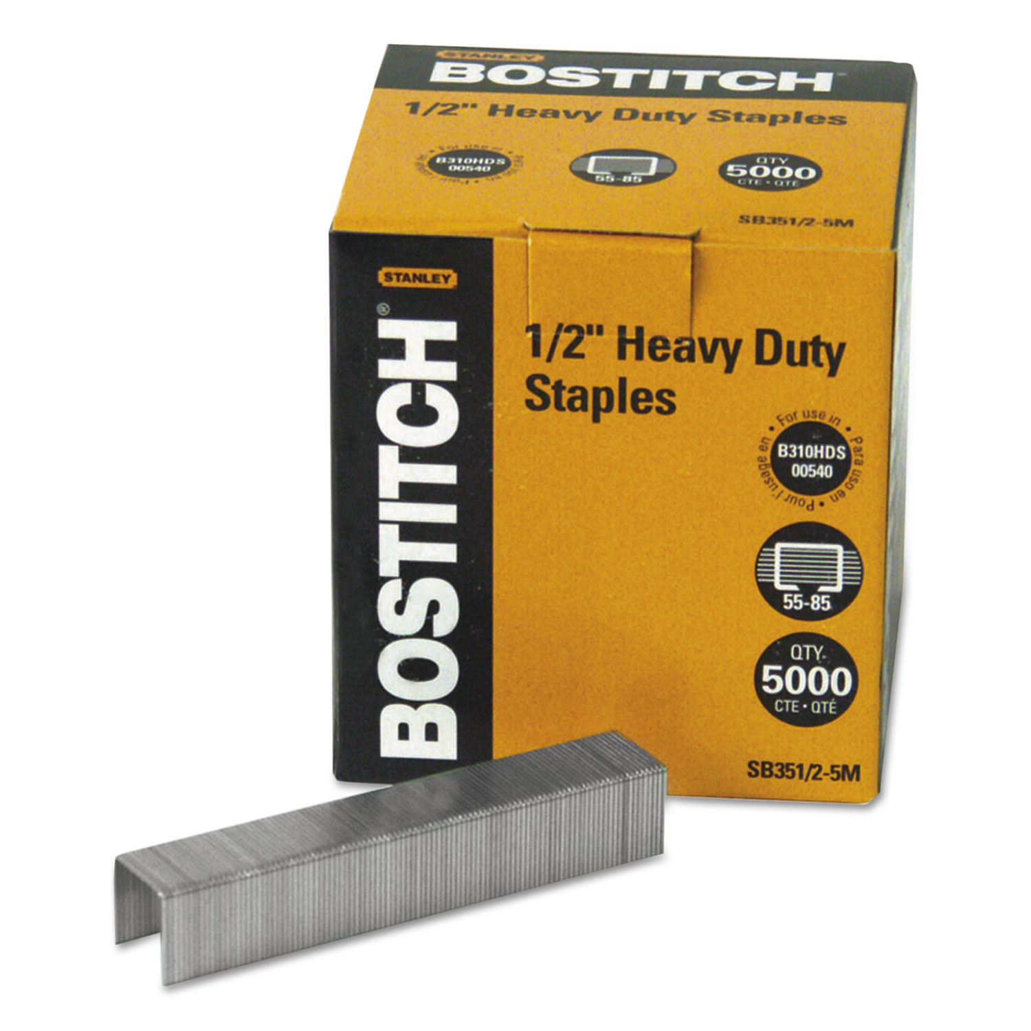  Bostitch SB351/2-5M Heavy-Duty Premium Staples, 0.5 Leg, 0.5 Crown, Steel, 5,000/Box (BOSSB35125M) 
