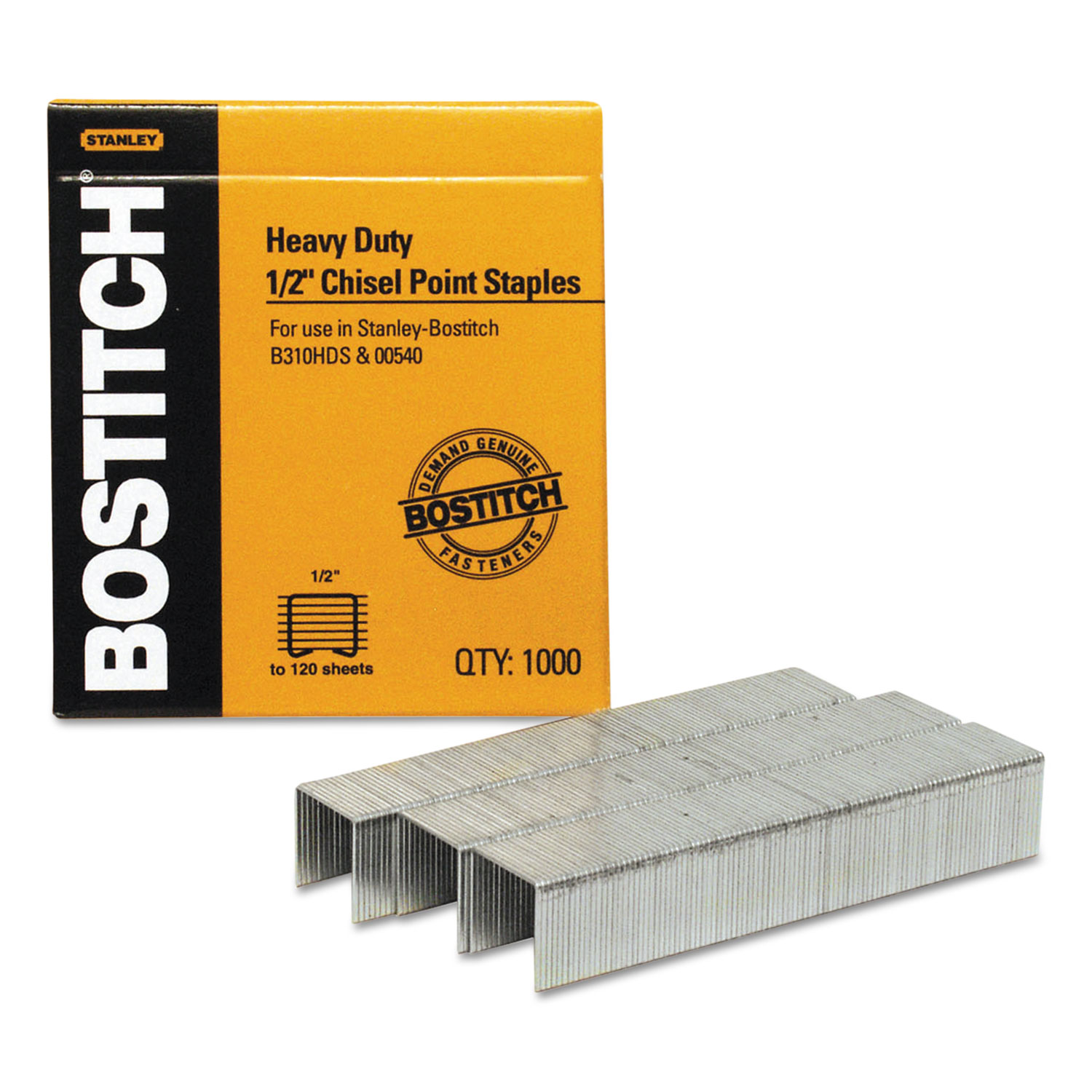  Bostitch SB351/2-1M Heavy-Duty Premium Staples, 0.5 Leg, 0.5 Crown, Steel, 1,000/Box (BOSSB35121M) 