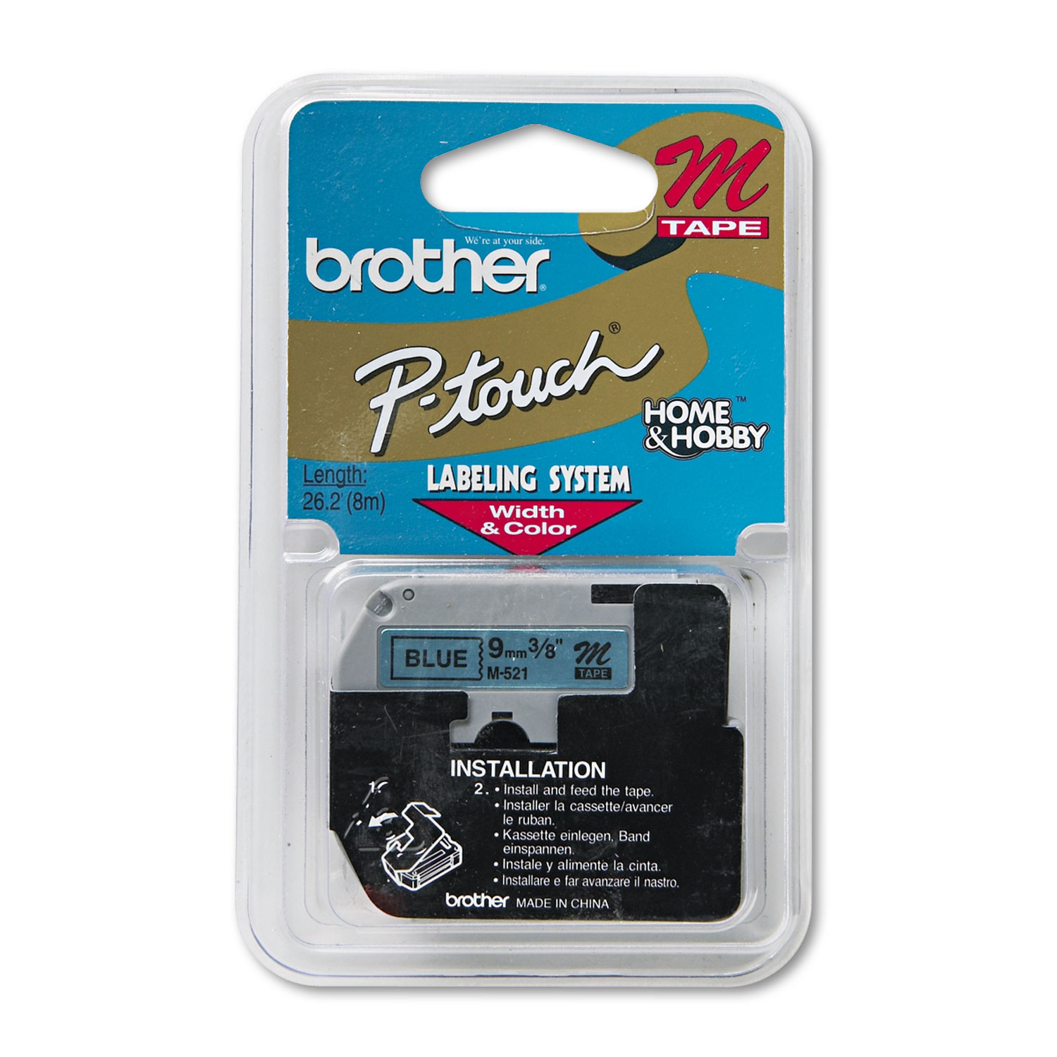  Brother P-Touch M521 M Series Tape Cartridge for P-Touch Labelers, 0.35 x 26.2 ft, Black on Blue (BRTM521) 