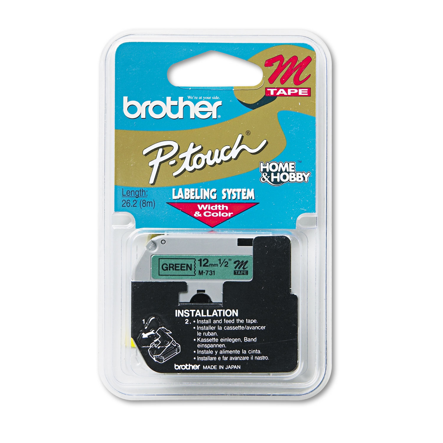  Brother P-Touch M731 M Series Tape Cartridge for P-Touch Labelers, 0.47 x 26.2 ft, Black on Green (BRTM731) 