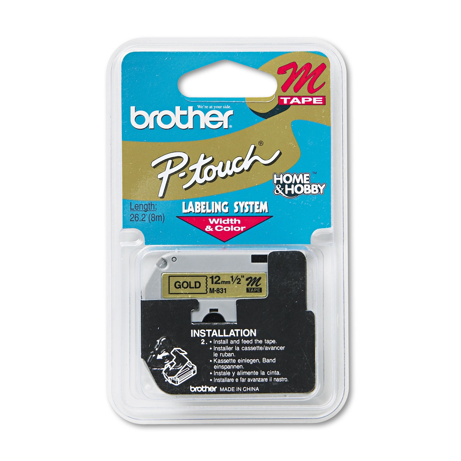  Brother P-Touch M831 M Series Tape Cartridge for P-Touch Labelers, 0.47 x 26.2 ft, Black on Gold (BRTM831) 