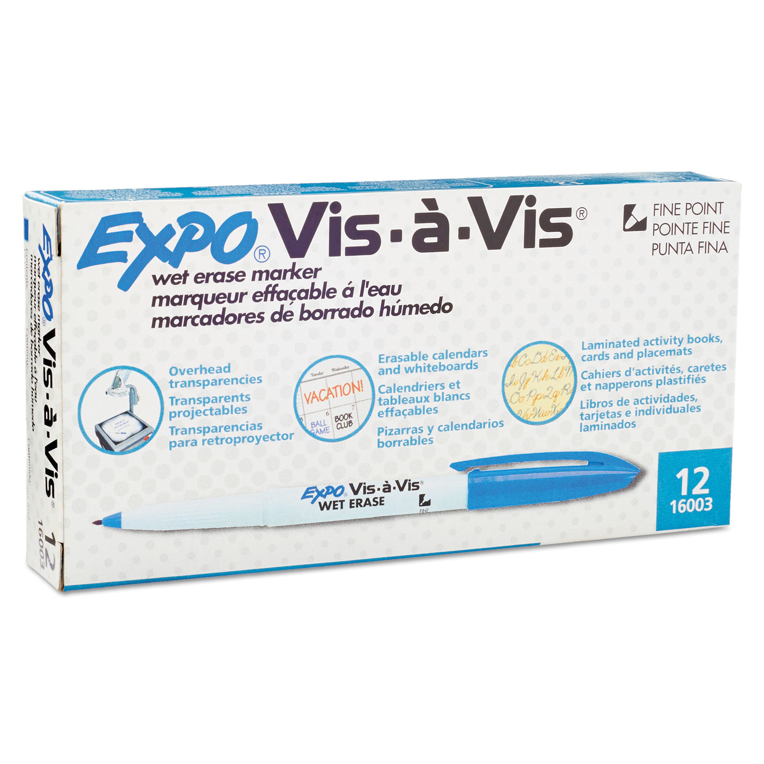  EXPO 16003 Vis-à-Vis Wet Erase Marker, Fine Bullet Tip, Blue, Dozen (SAN16003) 