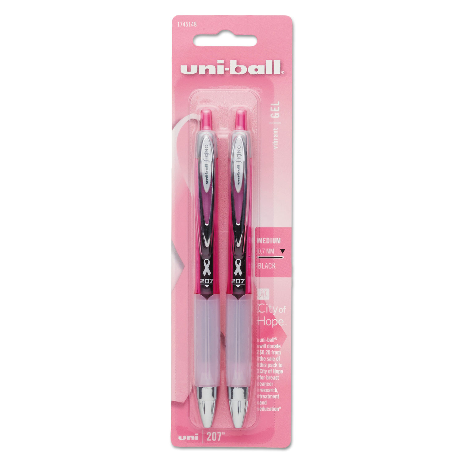  uni-ball 1745148 Signo 207 Retractable Gel Pen, Medium 0.7mm, Black Ink, Pink Barrel, 2/Pack (UBC1745148) 