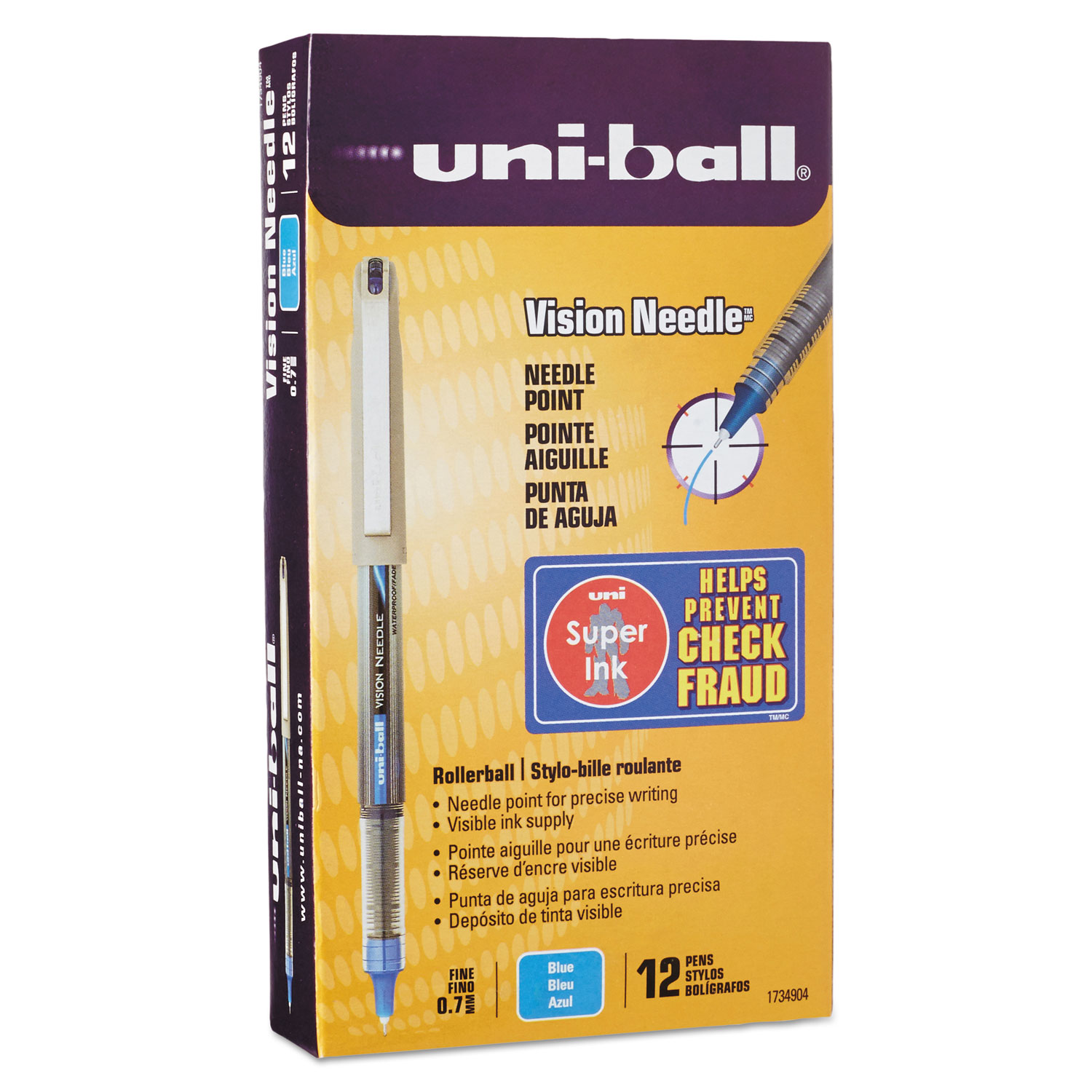  uni-ball 1734904 VISION Needle Stick Roller Ball Pen, Fine 0.7mm, Blue Ink, Silver Barrel, Dozen (UBC1734904) 