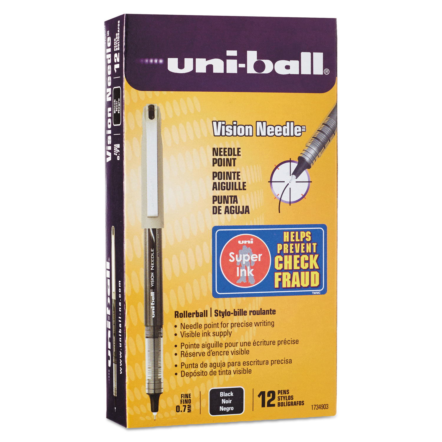  uni-ball 1734903 VISION Needle Stick Roller Ball Pen, Fine 0.7mm, Black Ink, Silver Barrel, Dozen (UBC1734903) 