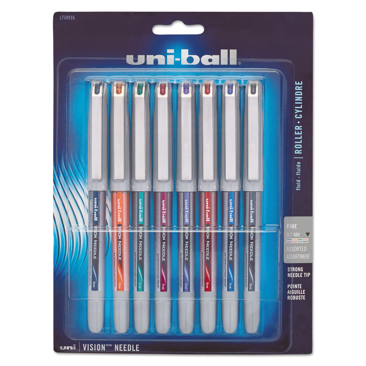  uni-ball 1734916 VISION Needle Stick Roller Ball Pen, Fine 0.7mm, Assorted Ink, Silver Barrel, 8/Set (UBC1734916) 