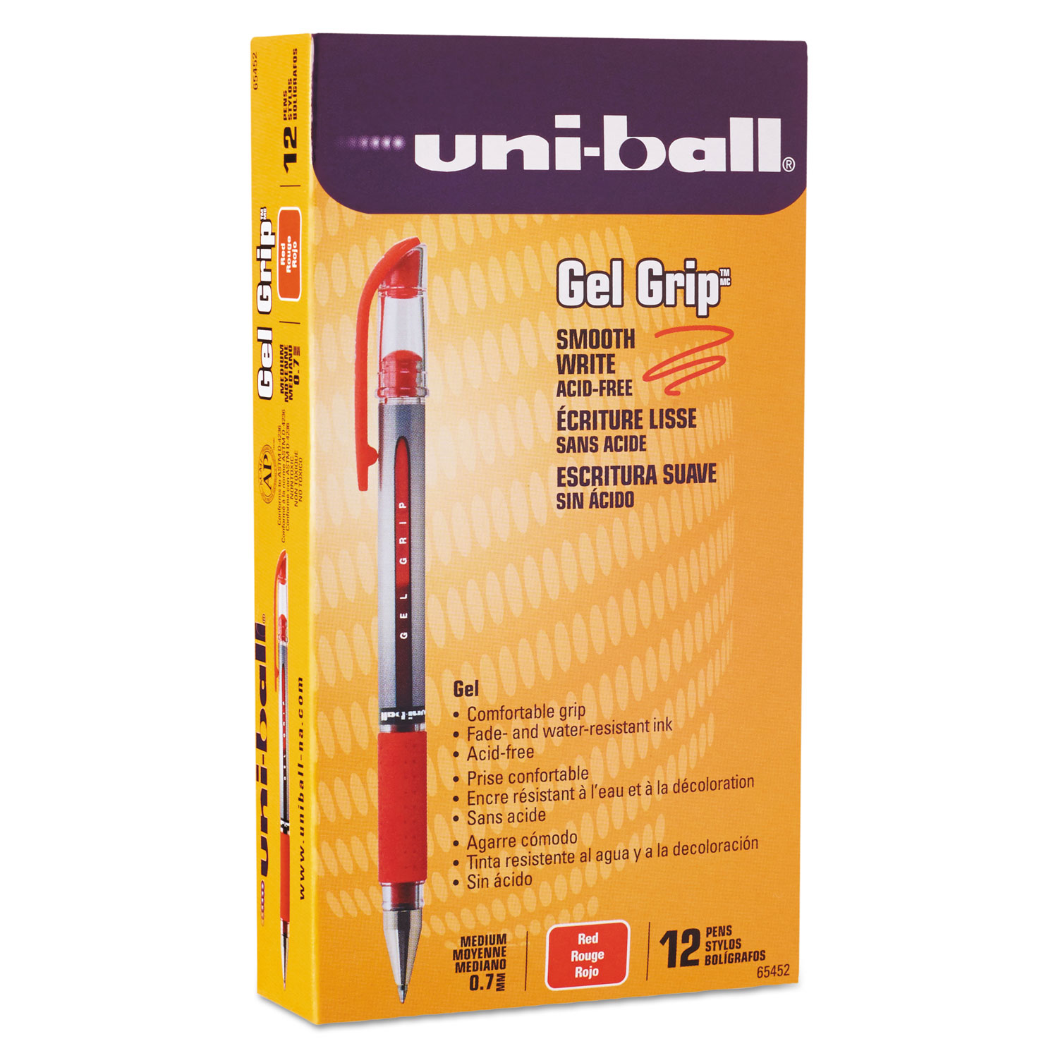  uni-ball 65452 Signo GRIP Stick Gel Pen, Medium 0.7mm, Red Ink, Silver/Red Barrel, Dozen (UBC65452) 