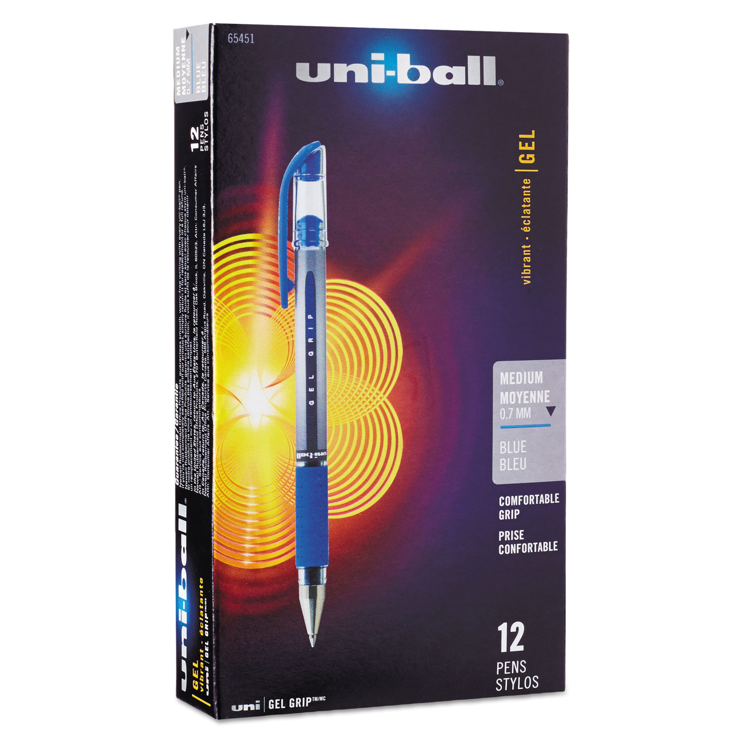  uni-ball 65451 Signo GRIP Stick Gel Pen, Medium 0.7mm, Blue Ink, Silver/Blue Barrel, Dozen (UBC65451) 