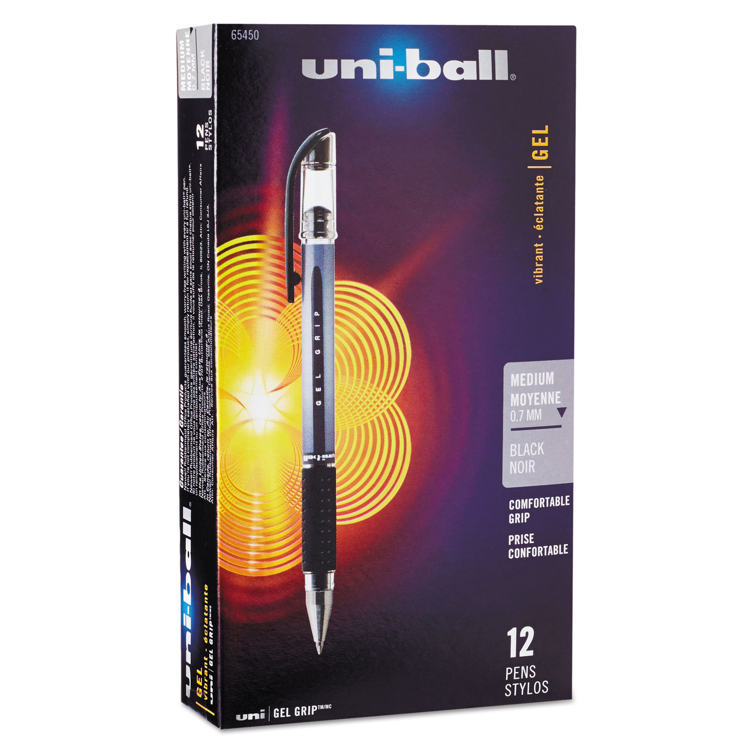  uni-ball 65450 Signo GRIP Stick Gel Pen, 0.7mm, Black Ink, Silver/Black Barrel, Dozen (UBC65450) 