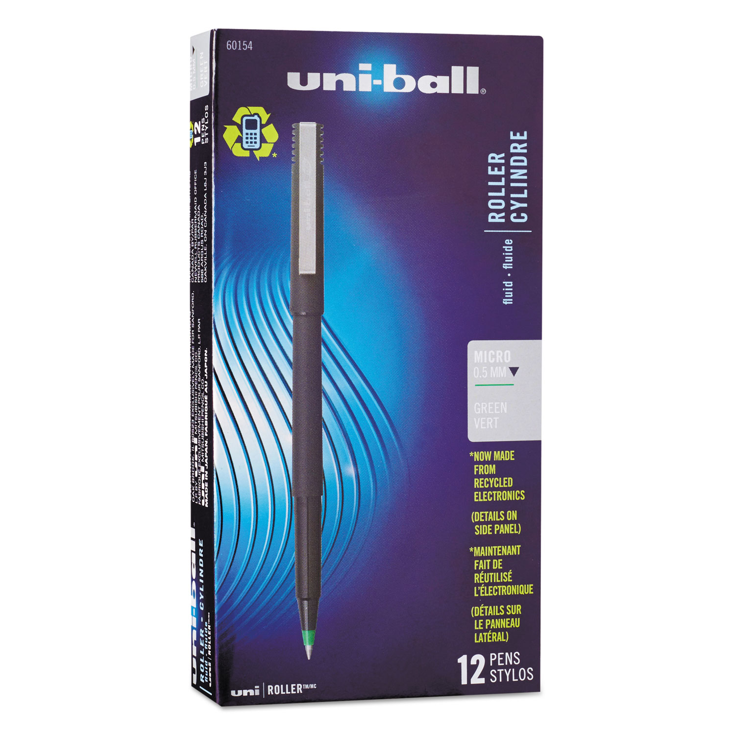  uni-ball 60154 Stick Roller Ball Pen, Micro 0.5mm, Green Ink, Black Matte Barrel, Dozen (UBC60154) 