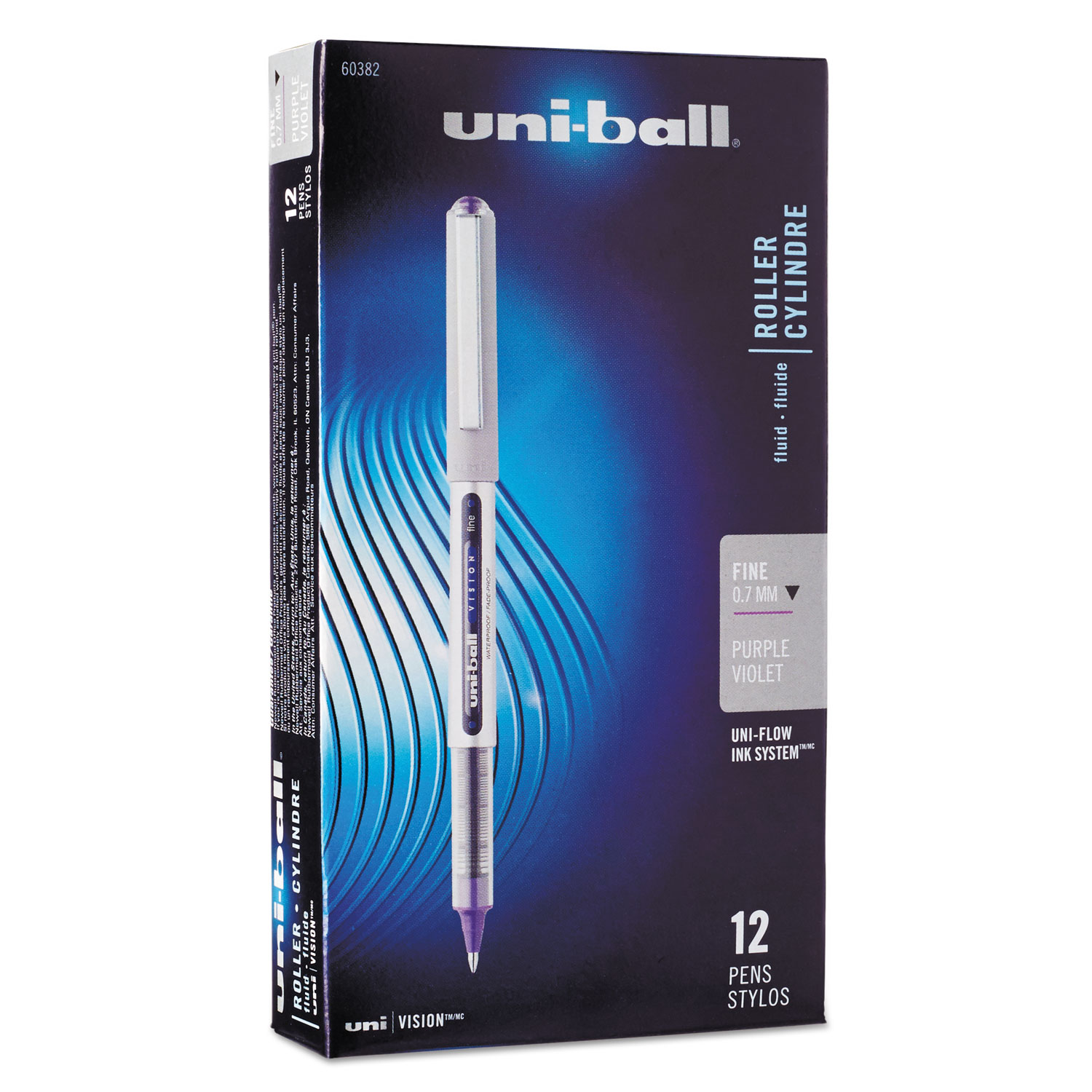  uni-ball 60382 VISION Stick Roller Ball Pen, Fine 0.7mm, Majestic Purple Ink, Gray Barrel, Dozen (UBC60382) 