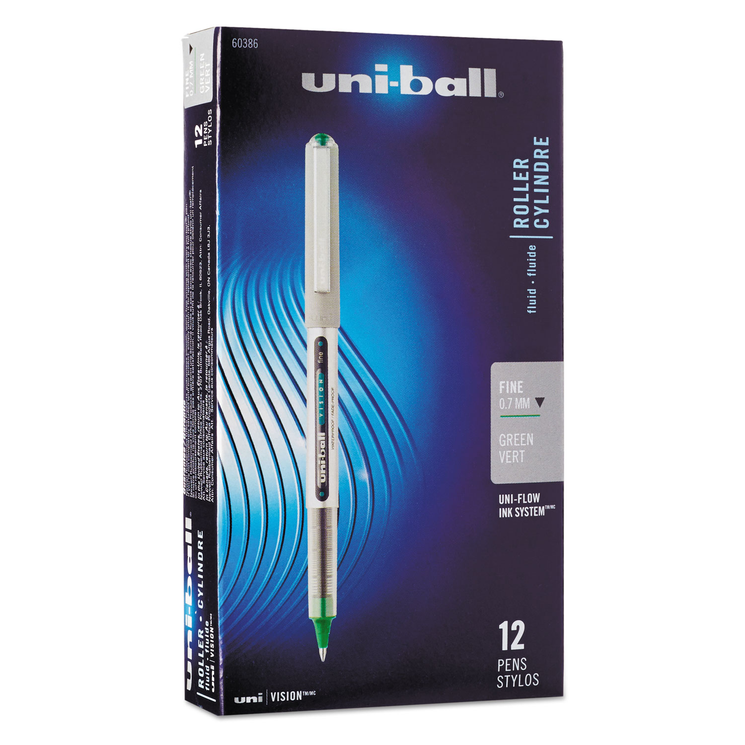  uni-ball 60386 VISION Stick Roller Ball Pen, Fine 0.7mm, Evergreen Ink, Gray Barrel, Dozen (UBC60386) 