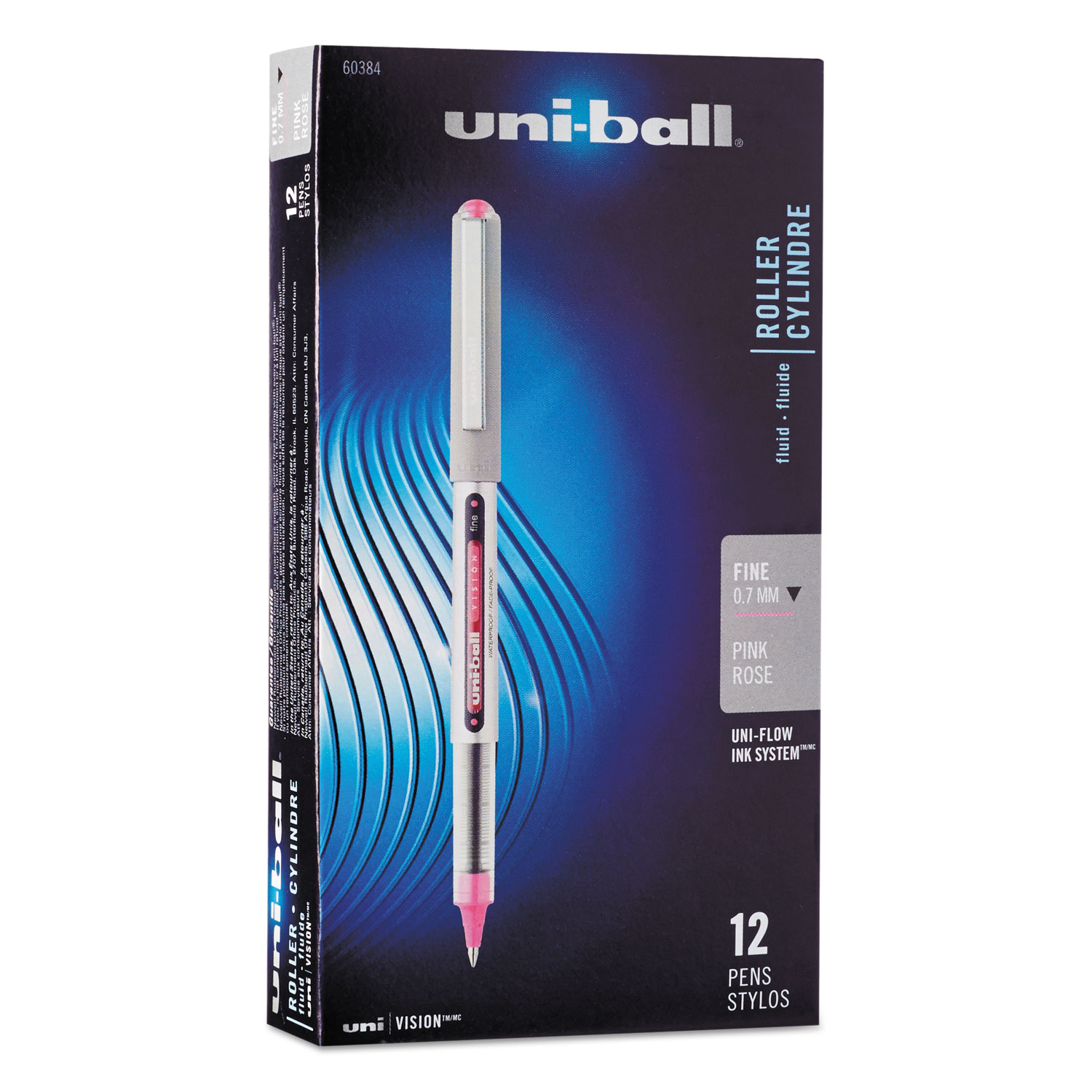  uni-ball 60384 VISION Stick Roller Ball Pen, Fine 0.7mm, Passion Pink Ink, Gray Barrel, Dozen (UBC60384) 
