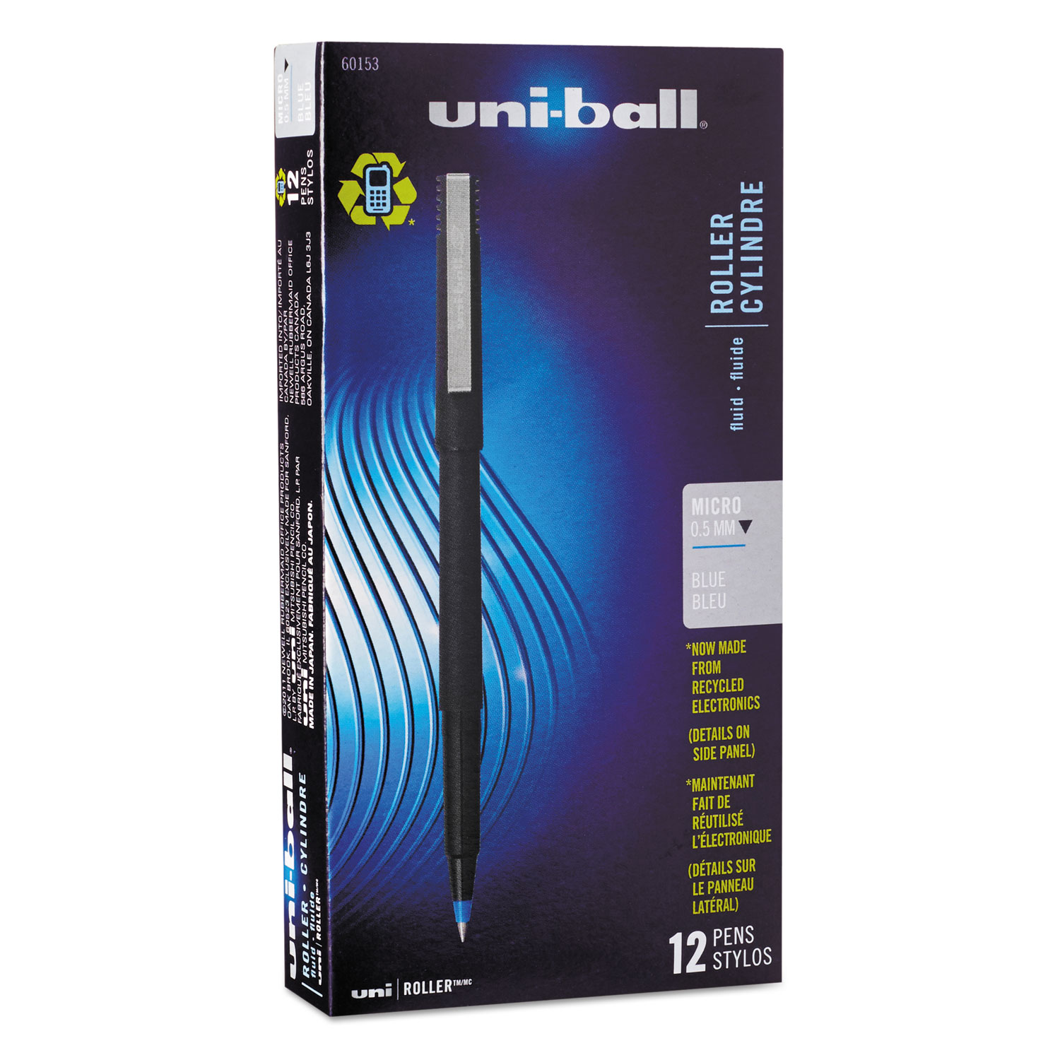  uni-ball 60153 Stick Roller Ball Pen, Micro 0.5mm, Blue Ink, Black Matte Barrel, Dozen (UBC60153) 