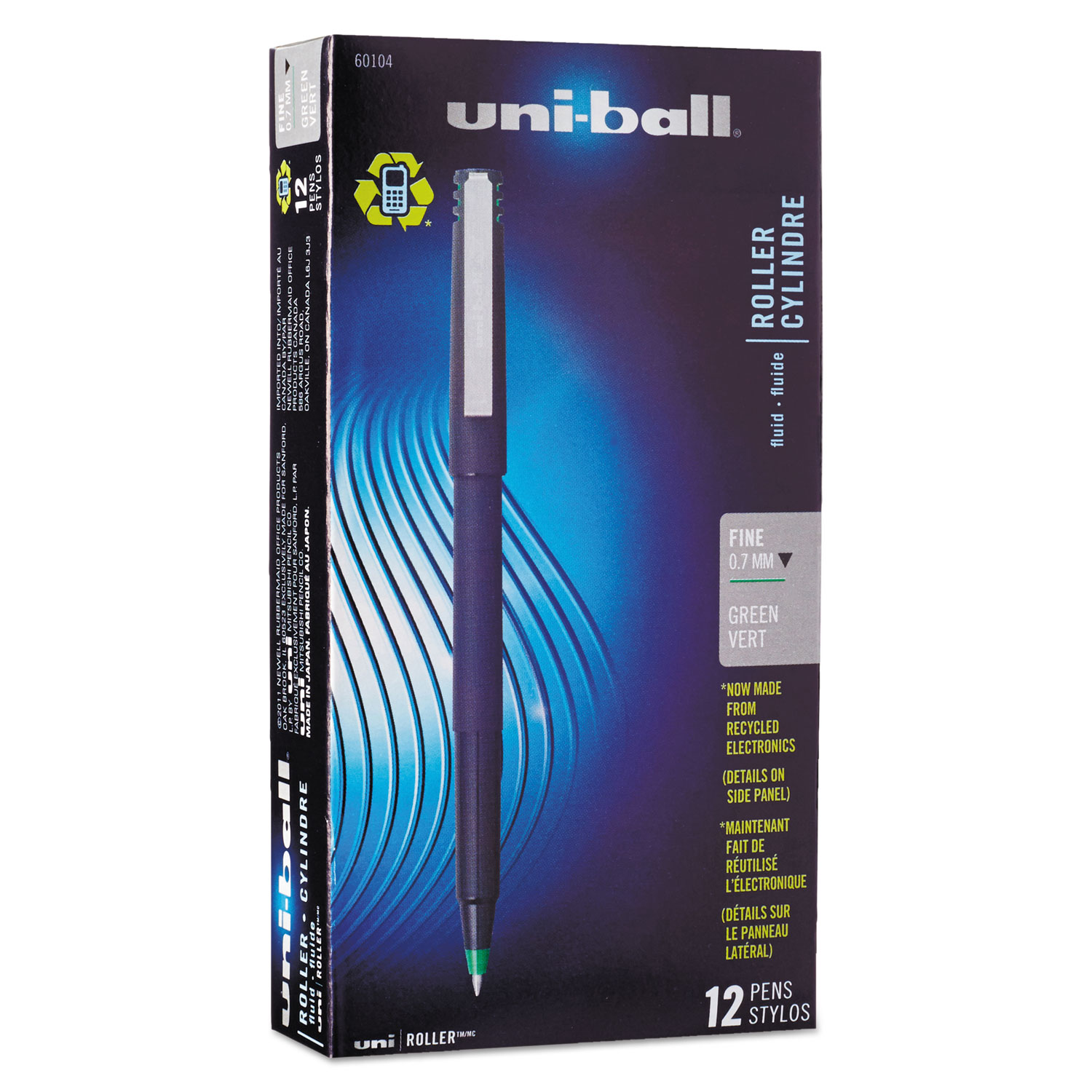  uni-ball 60104 Stick Roller Ball Pen, Fine 0.7mm, Green Ink, Black Matte Barrel, Dozen (UBC60104) 