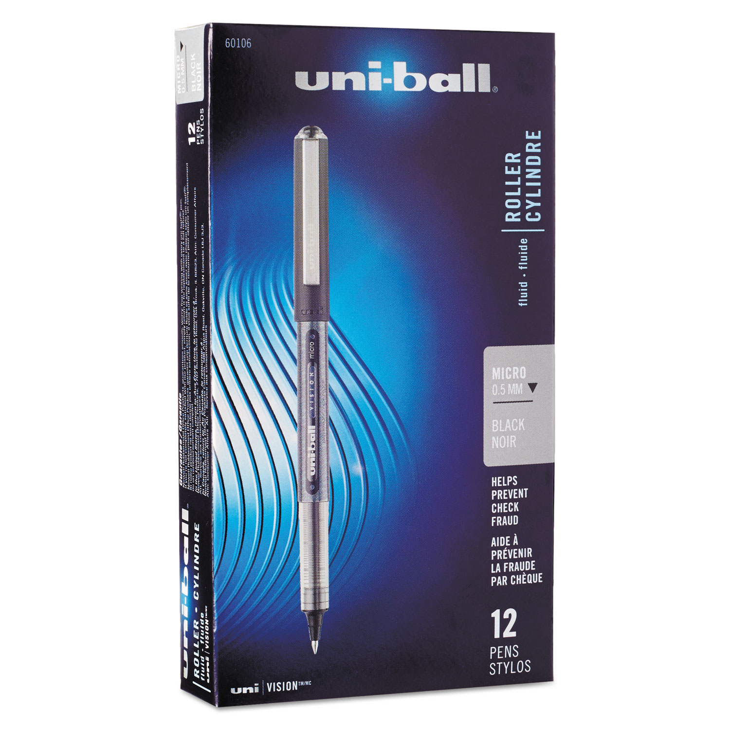  uni-ball 60106 VISION Stick Roller Ball Pen, Micro 0.5mm, Black Ink, Black/Gray Barrel, Dozen (UBC60106) 