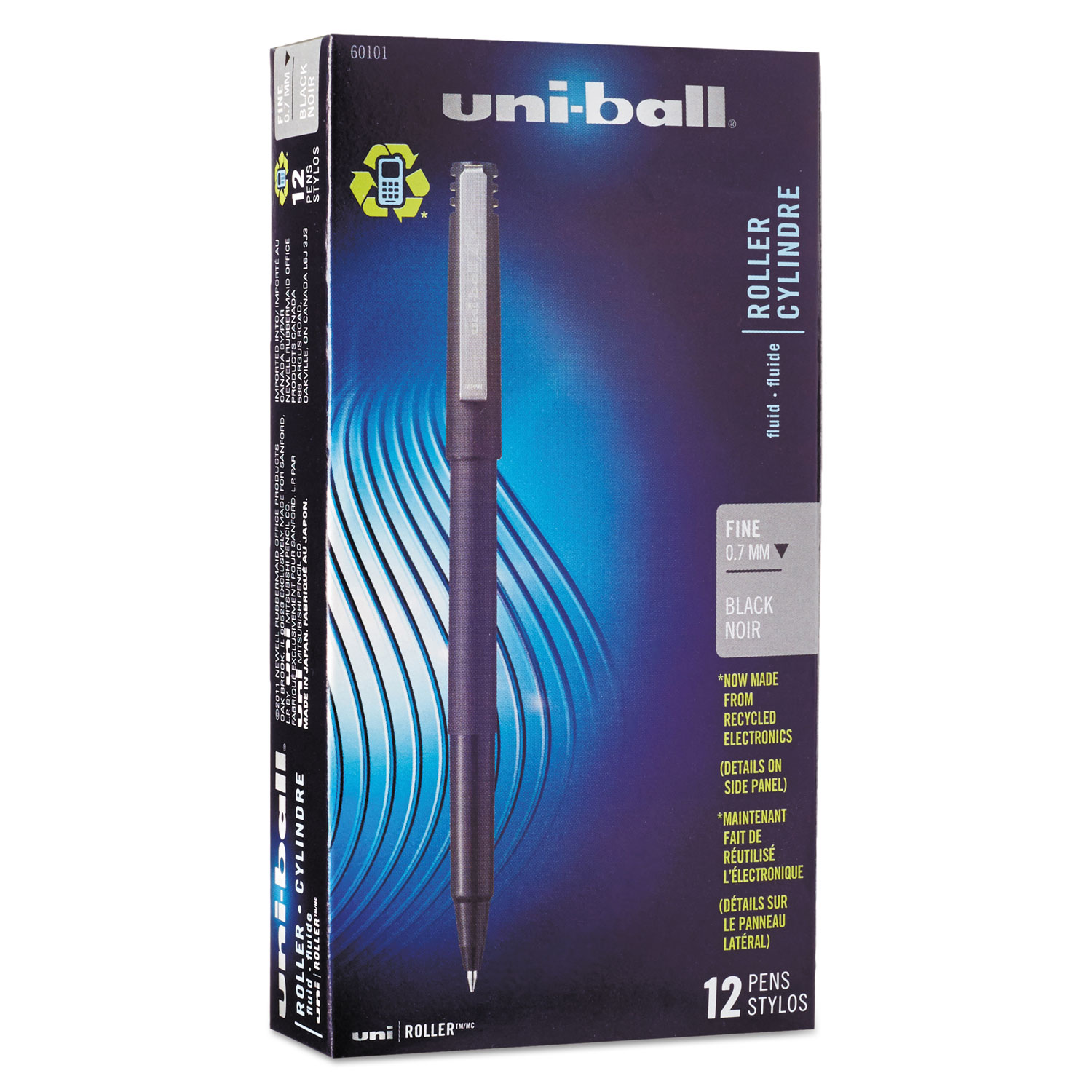  uni-ball 60101 Stick Roller Ball Pen, Fine 0.7mm, Black Ink, Black Matte Barrel, Dozen (UBC60101) 