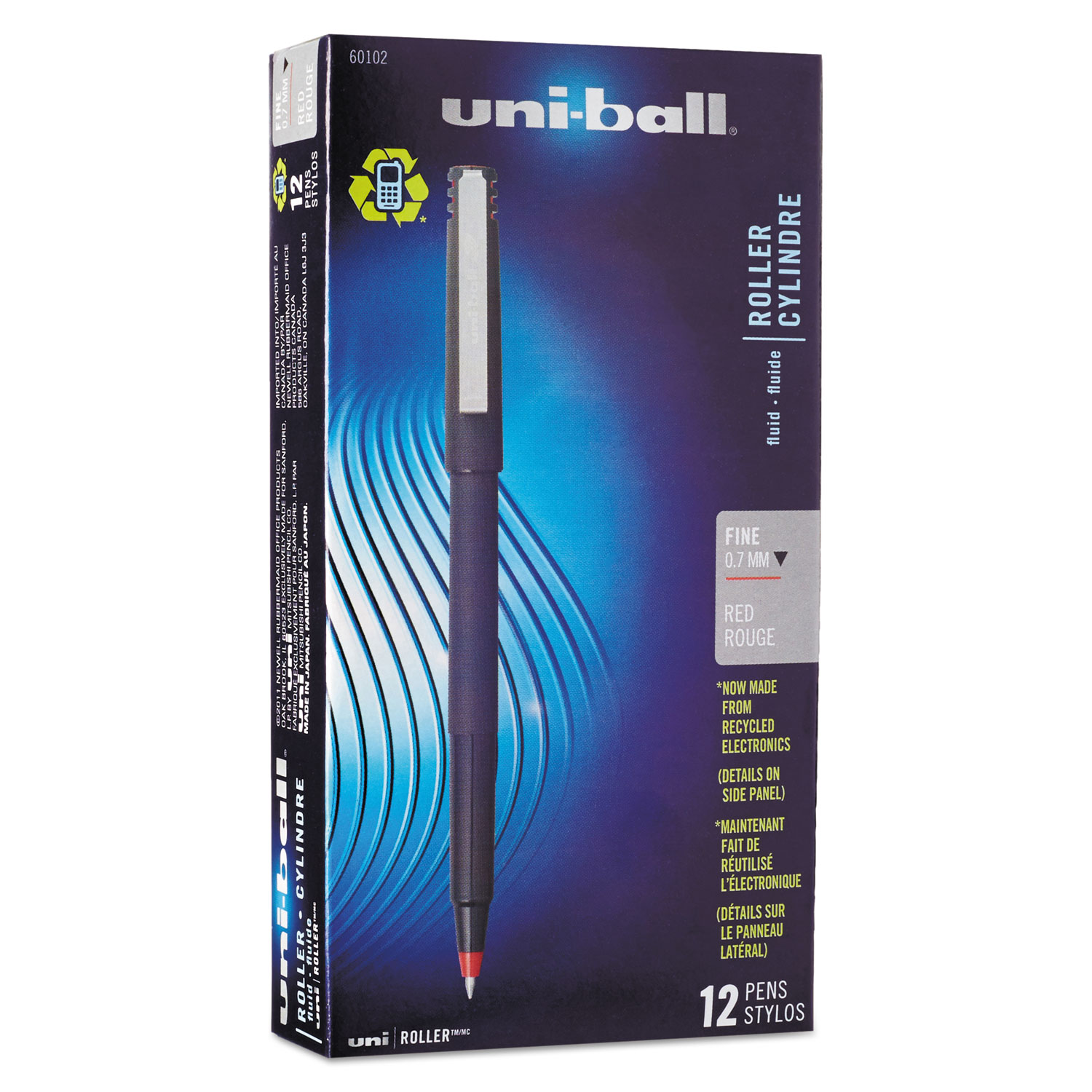  uni-ball 60102 Stick Roller Ball Pen, Fine 0.7mm, Red Ink, Black Matte Barrel, Dozen (UBC60102) 