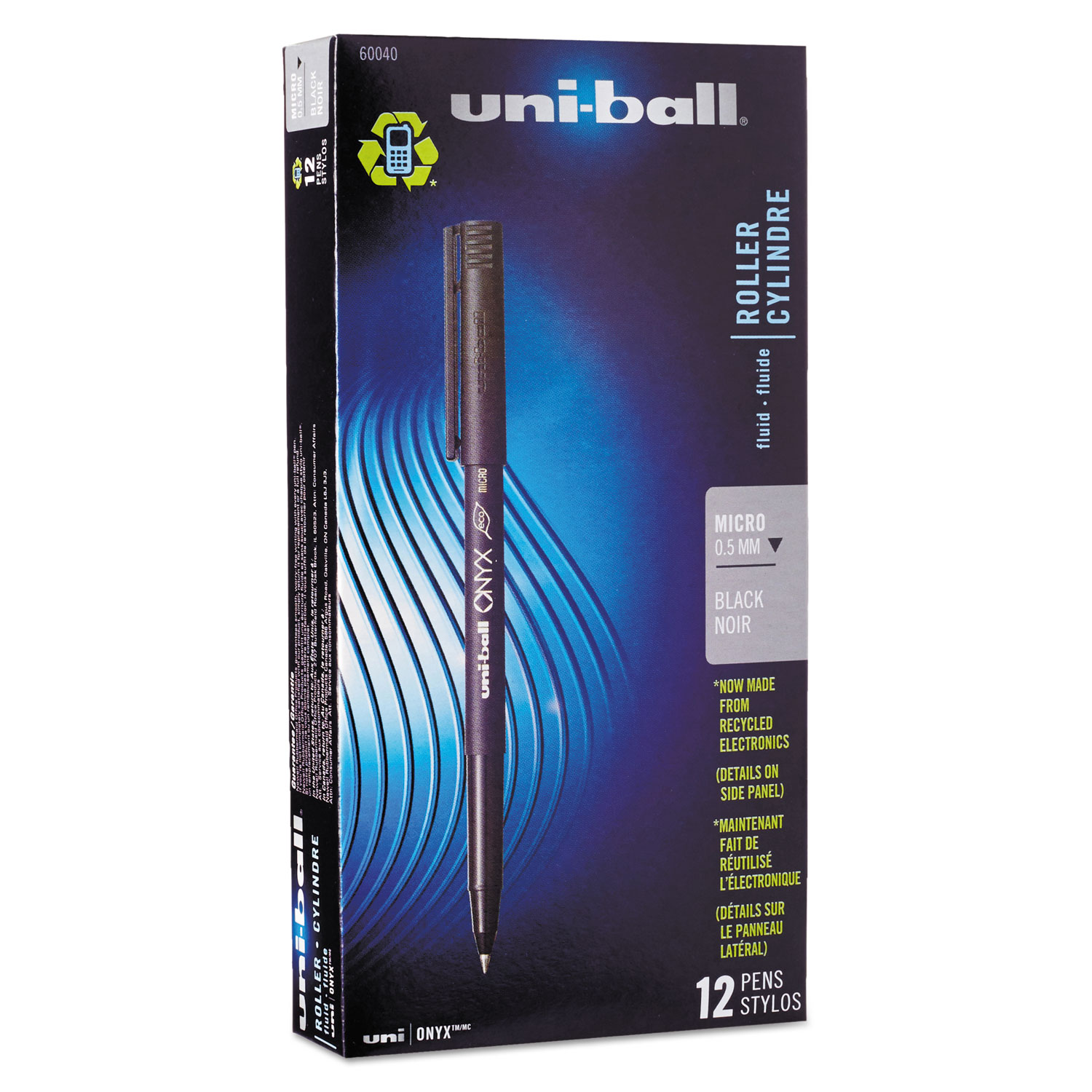  uni-ball 60040 ONYX Stick Roller Ball Pen, Micro 0.5mm, Black Ink, Black Matte Barrel, Dozen (UBC60040) 