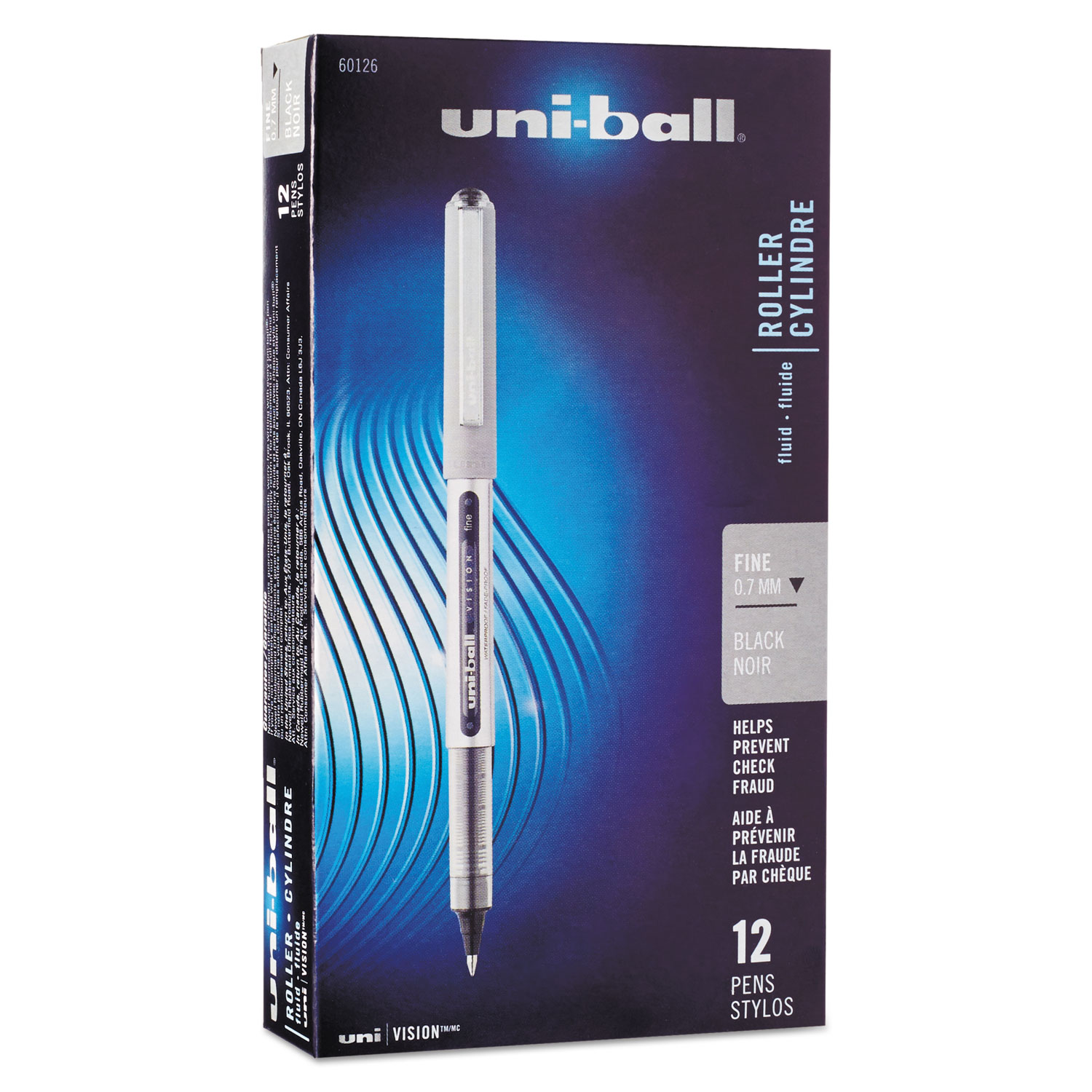  uni-ball 60126 VISION Stick Roller Ball Pen, Fine 0.7mm, Black Ink, Black/Gray Barrel, Dozen (UBC60126) 