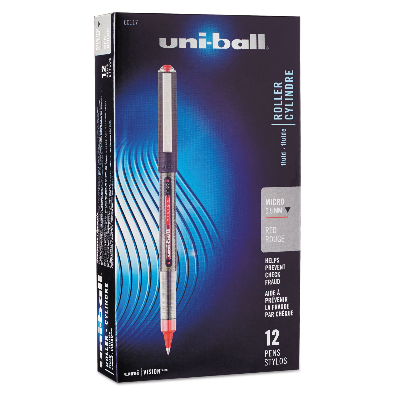  uni-ball 60117 VISION Stick Roller Ball Pen, Micro 0.5mm, Red Ink, Gray/Red Barrel, Dozen (UBC60117) 