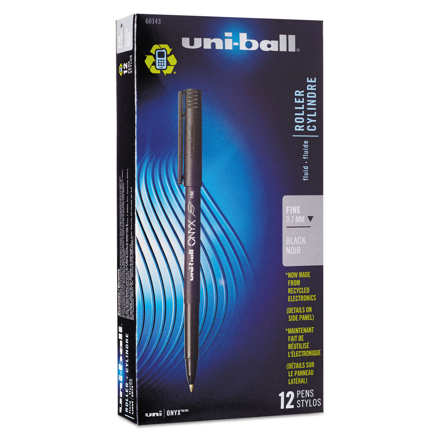  uni-ball 60143 ONYX Stick Roller Ball Pen, Fine 0.7mm, Black Ink, Black Matte Barrel, Dozen (UBC60143) 