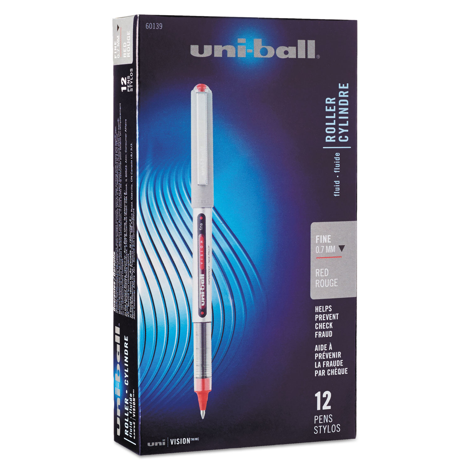  uni-ball 60139 VISION Stick Roller Ball Pen, Fine 0.7mm, Red Ink, Gray/Red Barrel, Dozen (UBC60139) 