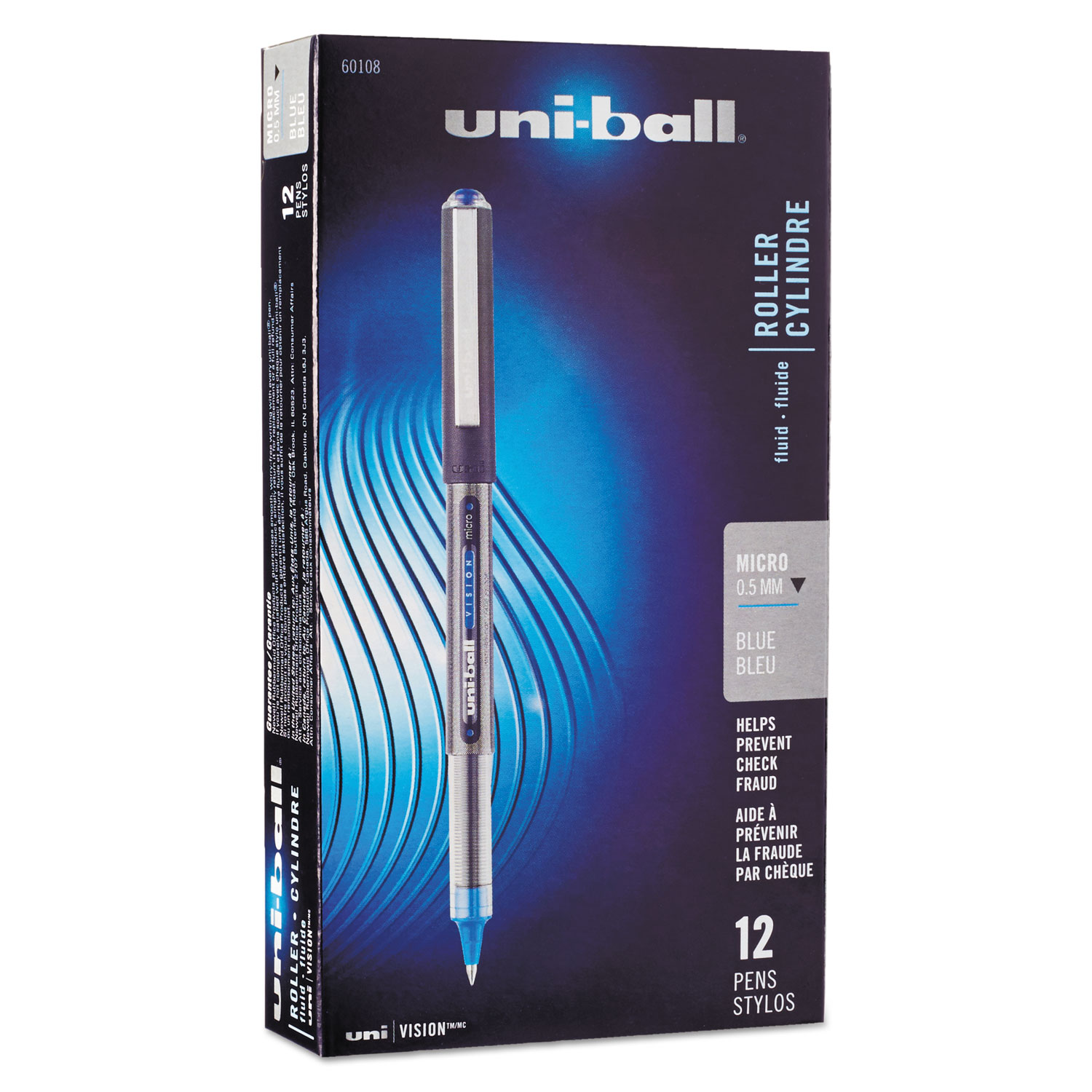  uni-ball 60108 VISION Stick Roller Ball Pen, Micro 0.5mm, Blue Ink, Blue/Gray Barrel, Dozen (UBC60108) 
