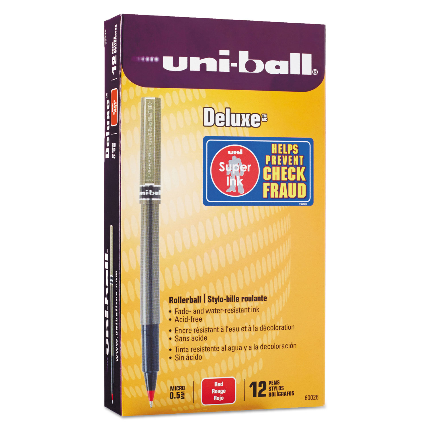  uni-ball 60026 Deluxe Stick Roller Ball Pen, Micro 0.5mm, Red Ink, Metallic Gray Barrel, Dozen (UBC60026) 