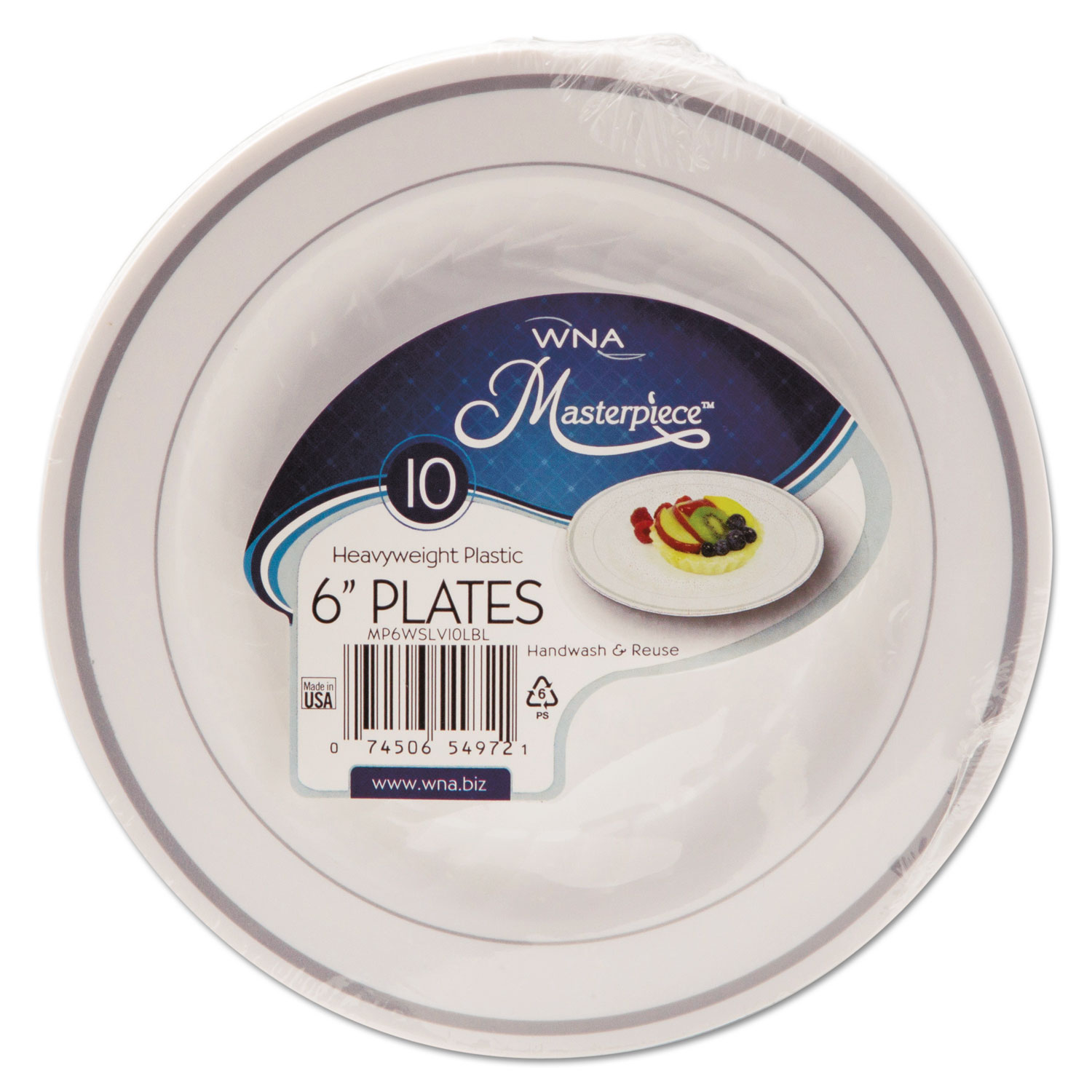 Masterpiece Plastic Plates, 6 in., White w/Silver Accents, Round, 10/Pack