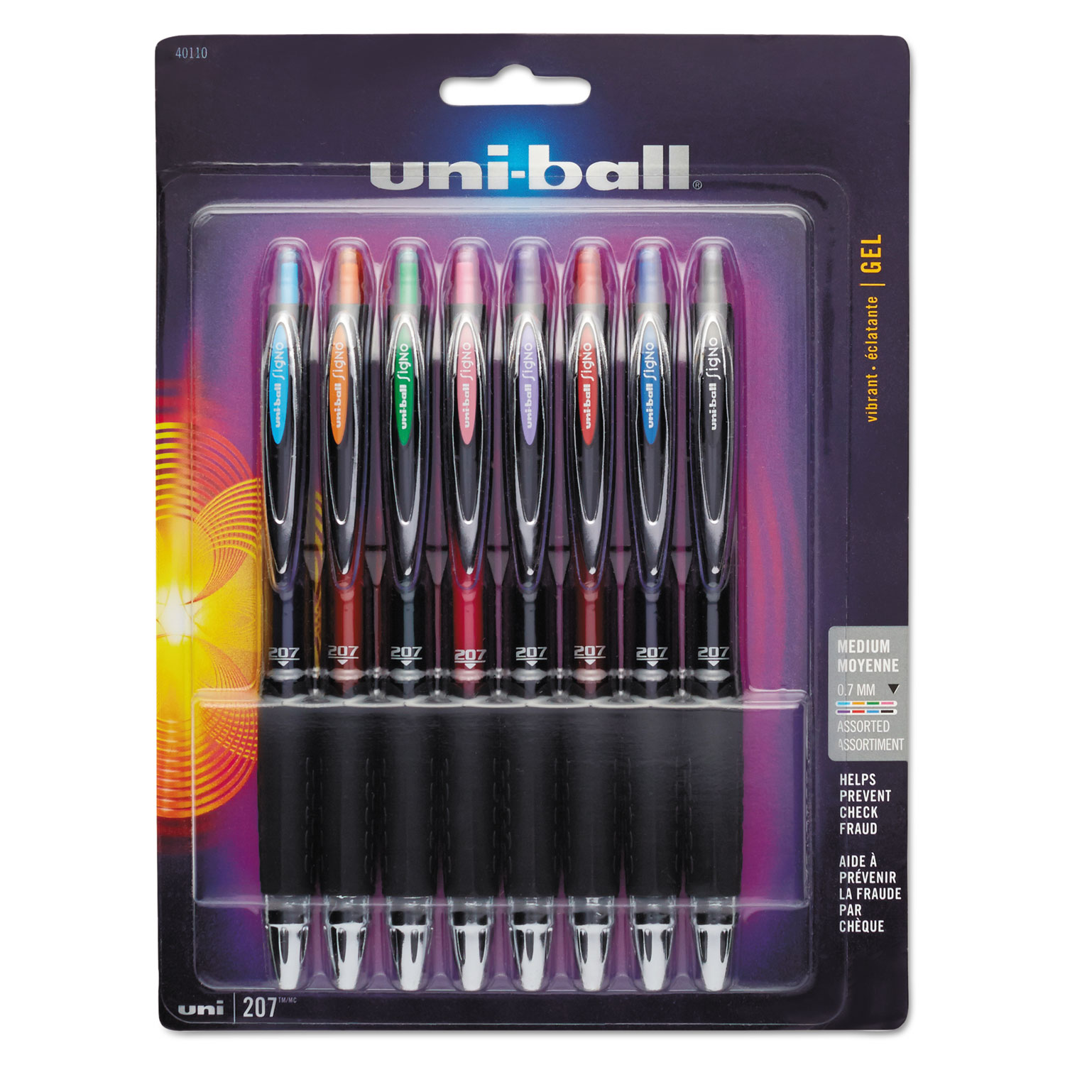  uni-ball 40110 Signo 207 Retractable Gel Pen, Medium 0.7mm, Assorted Ink, Black Barrel, 8/Set (UBC40110) 