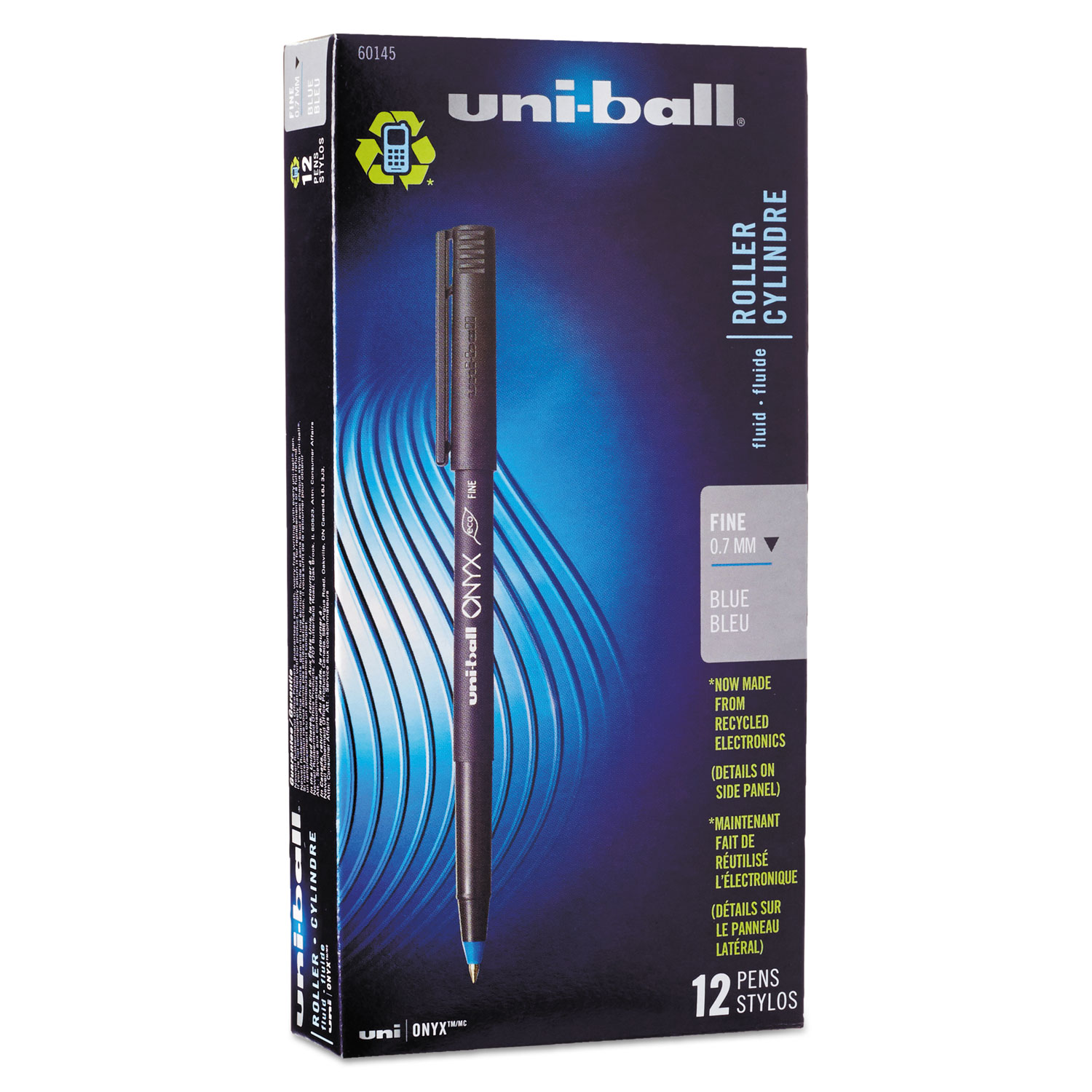  uni-ball 60145 ONYX Stick Roller Ball Pen, Fine 0.7mm, Blue Ink, Black Matte Barrel, Dozen (UBC60145) 
