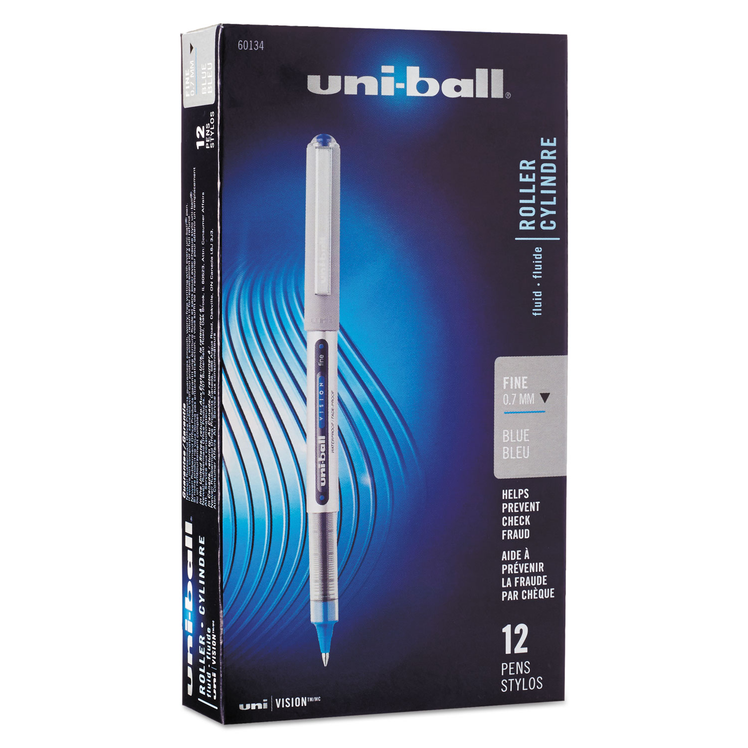  uni-ball 60134 VISION Stick Roller Ball Pen, Fine 0.7mm, Blue Ink, Blue/Gray Barrel, Dozen (UBC60134) 