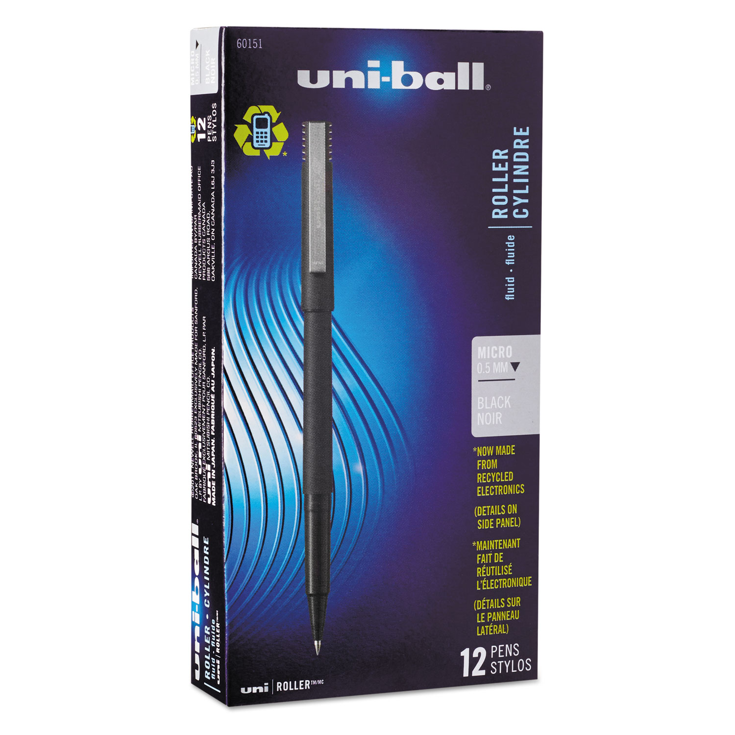  uni-ball 60151 Stick Roller Ball Pen, Micro 0.5mm, Black Ink, Black Matte Barrel, Dozen (UBC60151) 